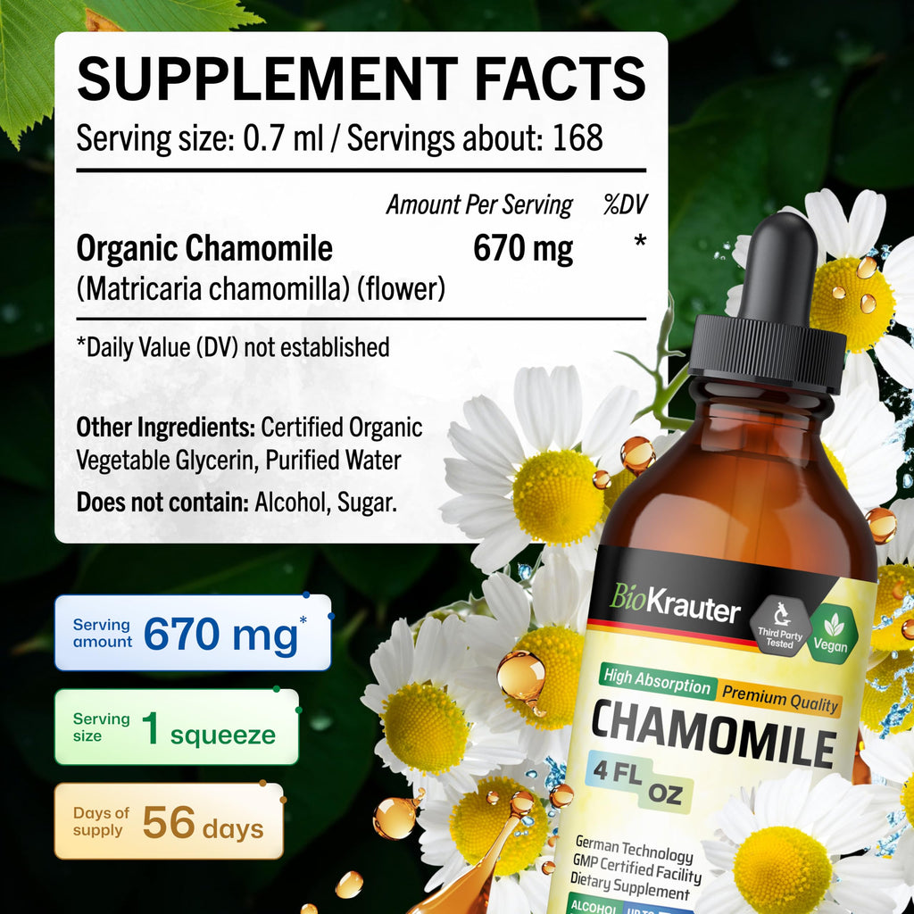 BIO KRAUTER® Chamomile Extract for Sleep Support - Natural Calm Liquid Drops Used for All Ages - Chamomile Supplement for Relax - 670 mg per Serving 4 Fl.Oz, 56-Day Supply, Alcohol & Sugar Free