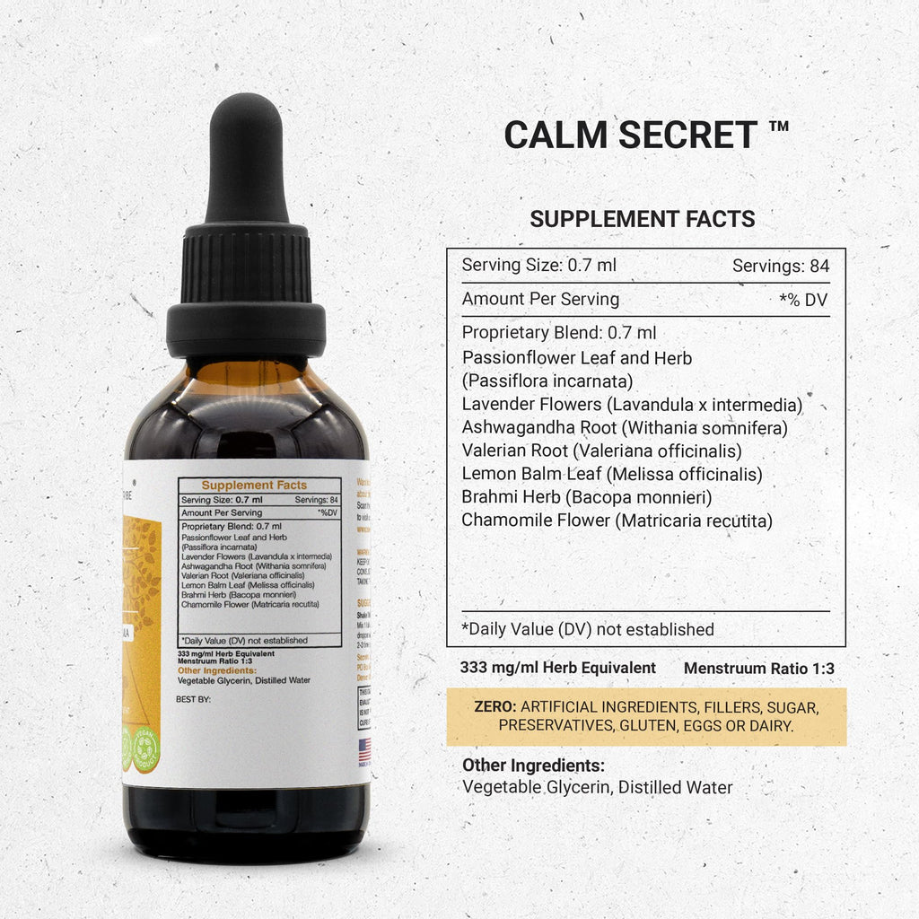 Secrets of the Tribe - Calm Secret, Herbal Supplement Blend Drops Alcohol-Free Liquid Extract, Anxious-Free Formula (2 fl oz)