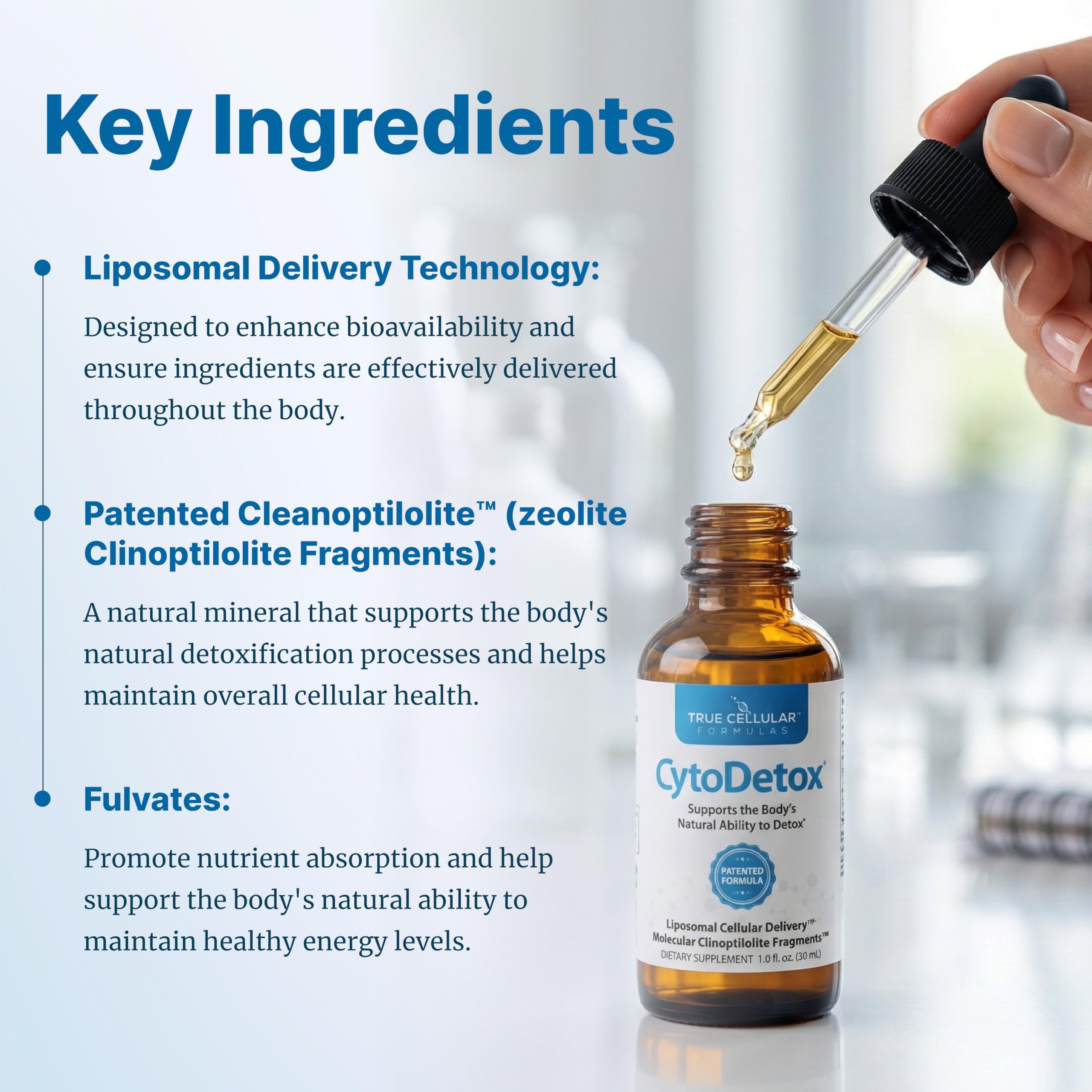 True Cellular Formulas CytoDetox Liposomal Zeolite Drops, Patented Purified Clinoptilolite with Fulvic Acid, Cellular Detox Support & Gentle Heavy Metal Binder, Liquid Supplement, 1 fl oz