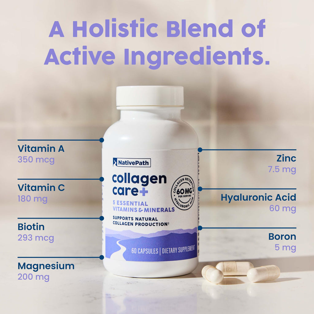 NativePath Collagen Care+, 5 Vitamin Blend with Hyaluronic Acid and Boron that Supports Collagen for Men and Women, 60 Capsules