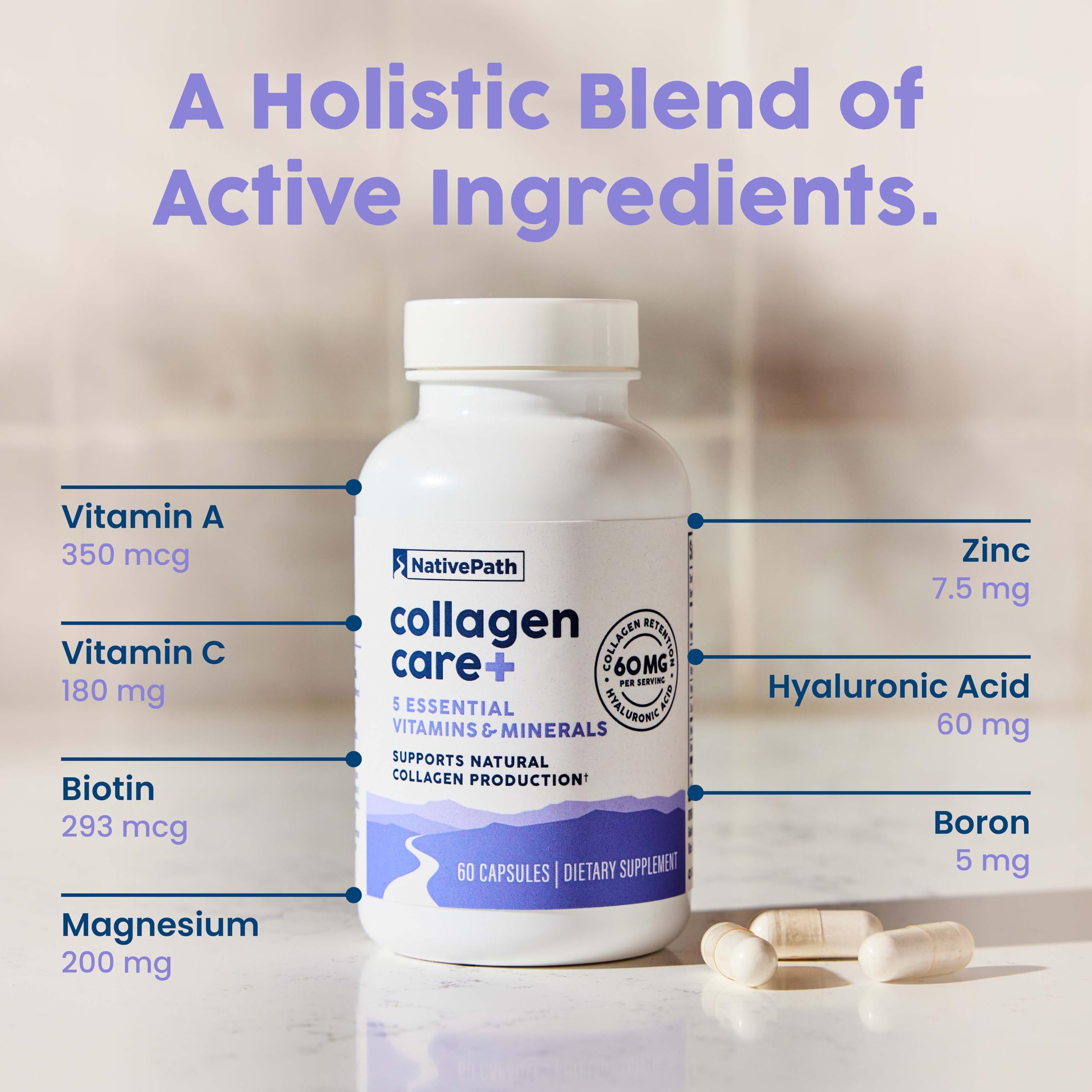 NativePath Collagen Care+, 5 Vitamin Blend with Hyaluronic Acid and Boron that Supports Collagen for Men and Women, 60 Capsules