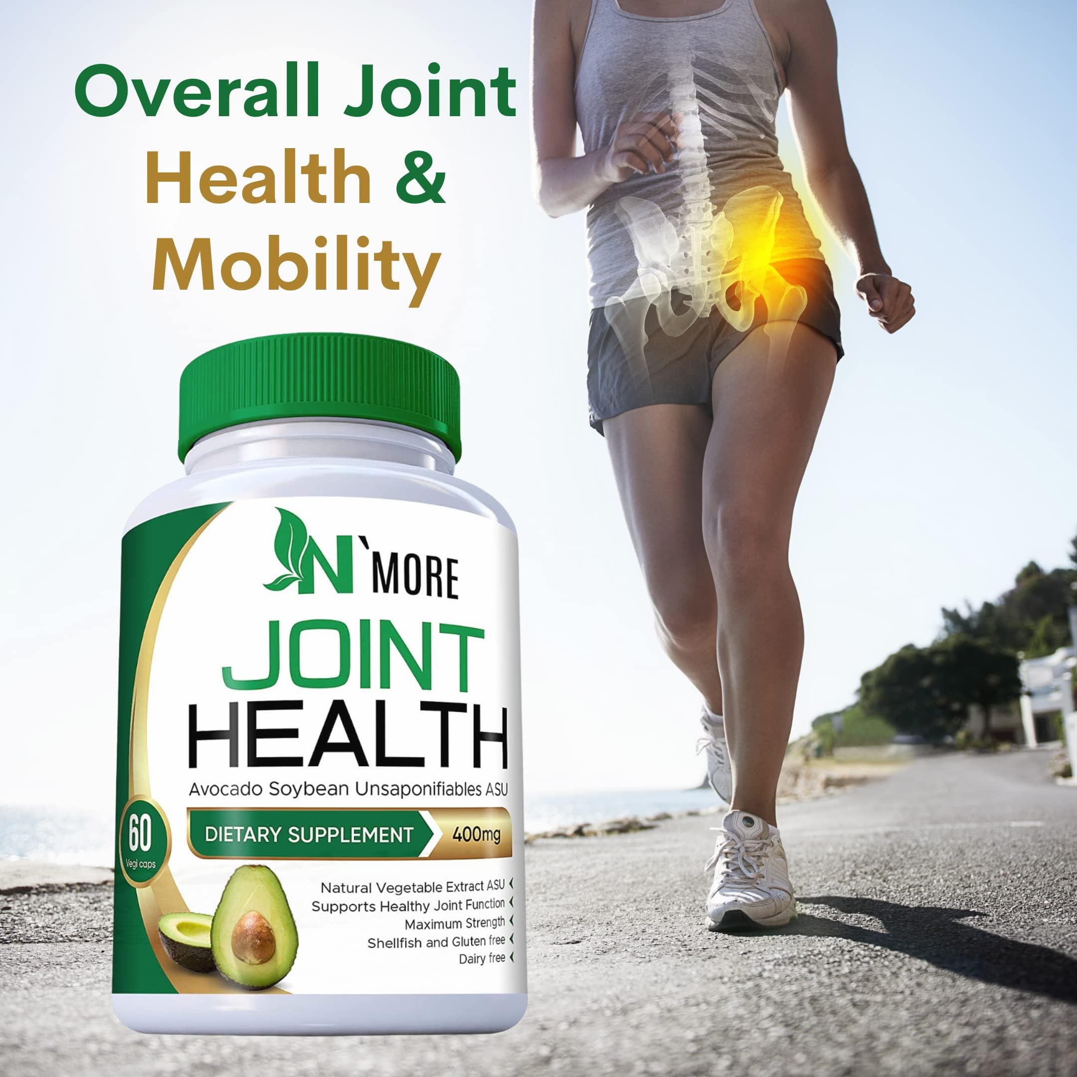 N'More Avocado Soybean Unsaponifiables Supplements - ASU Joint Health Supplement 400 mg, Supports Joint Mobility & Cartilage, Non-GMO, Dairy, Gluten & Shellfish Free, 60 Day Supply, Made in USA