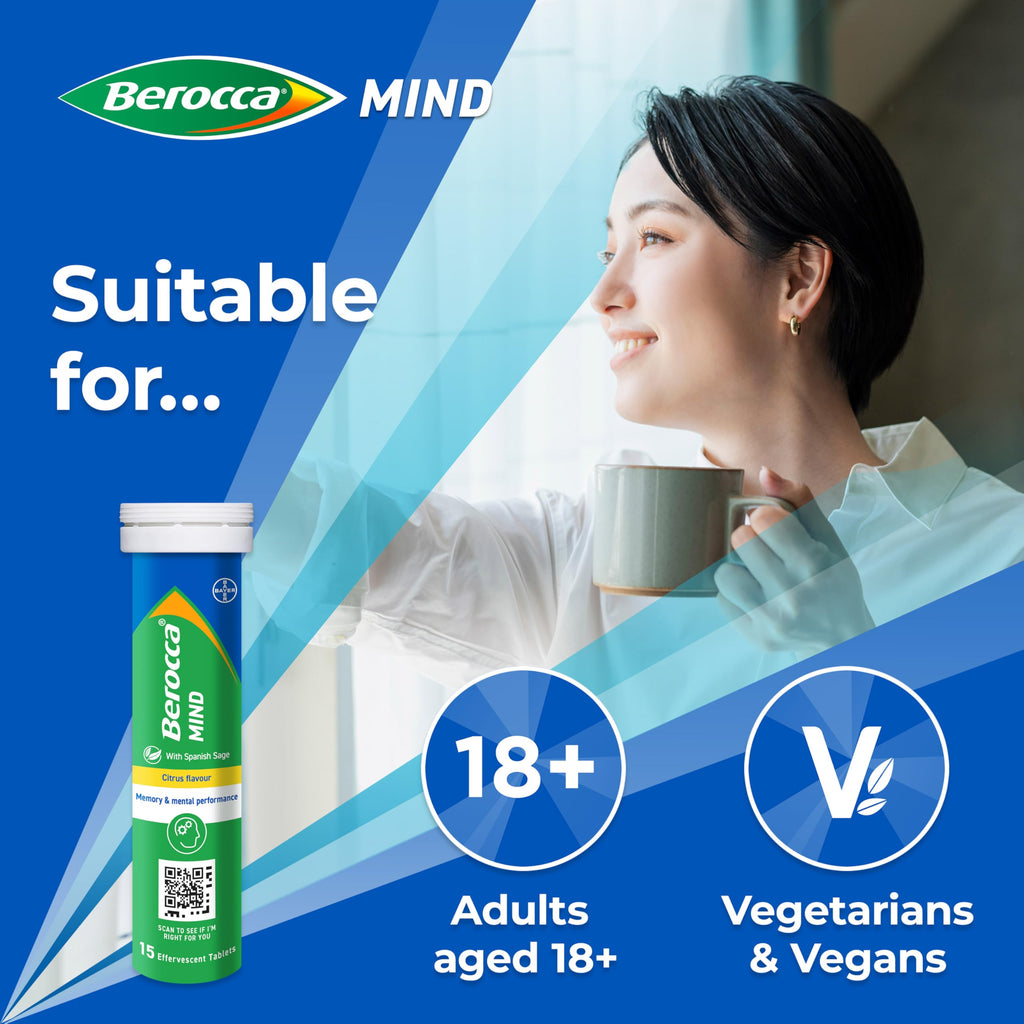 Berocca Mind Effervescent Tablets Including B Vitamins, with Spanish Sage to Support Memory and Mental Performance - 15 Tablets - Citrus Flavour