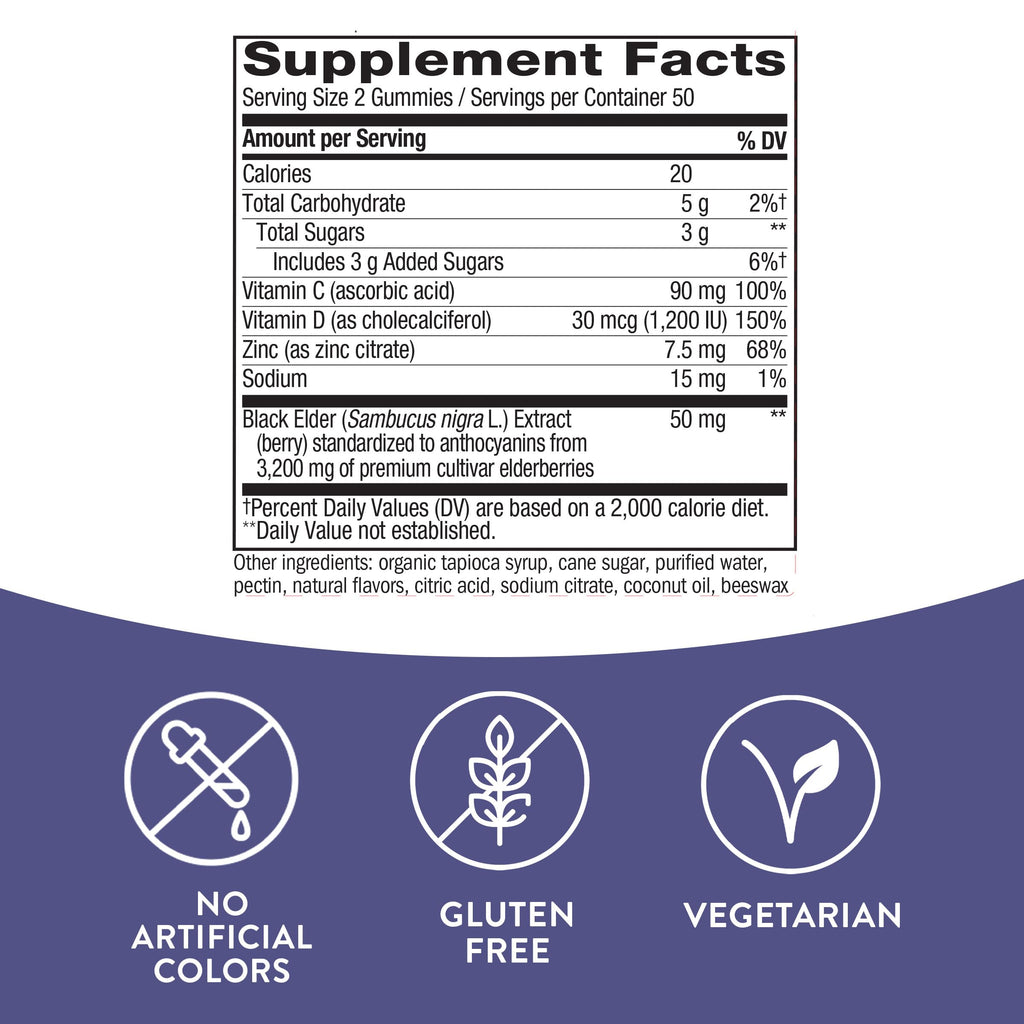 Nature's Way Sambucus Elderberry Gummies - Immune Support Supplement for Kids & Adults* - With Vitamins C, D3, Zinc & Antioxidant Support* - Gluten Free & Vegetarian - 100 Gummies