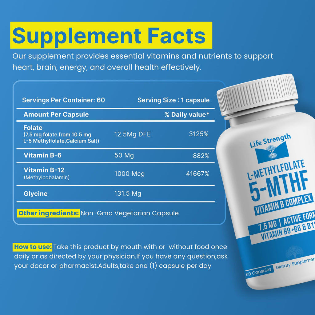 L-Methylfolate 7.5mg + Vitamin B Complex - 5-MTHF, B6 & B12 Methylcobalamin - 60 Capsules - Professional Strength Active Methyl Folate - Non GMO, Gluten Free, No Fillers (2-Month Supply)
