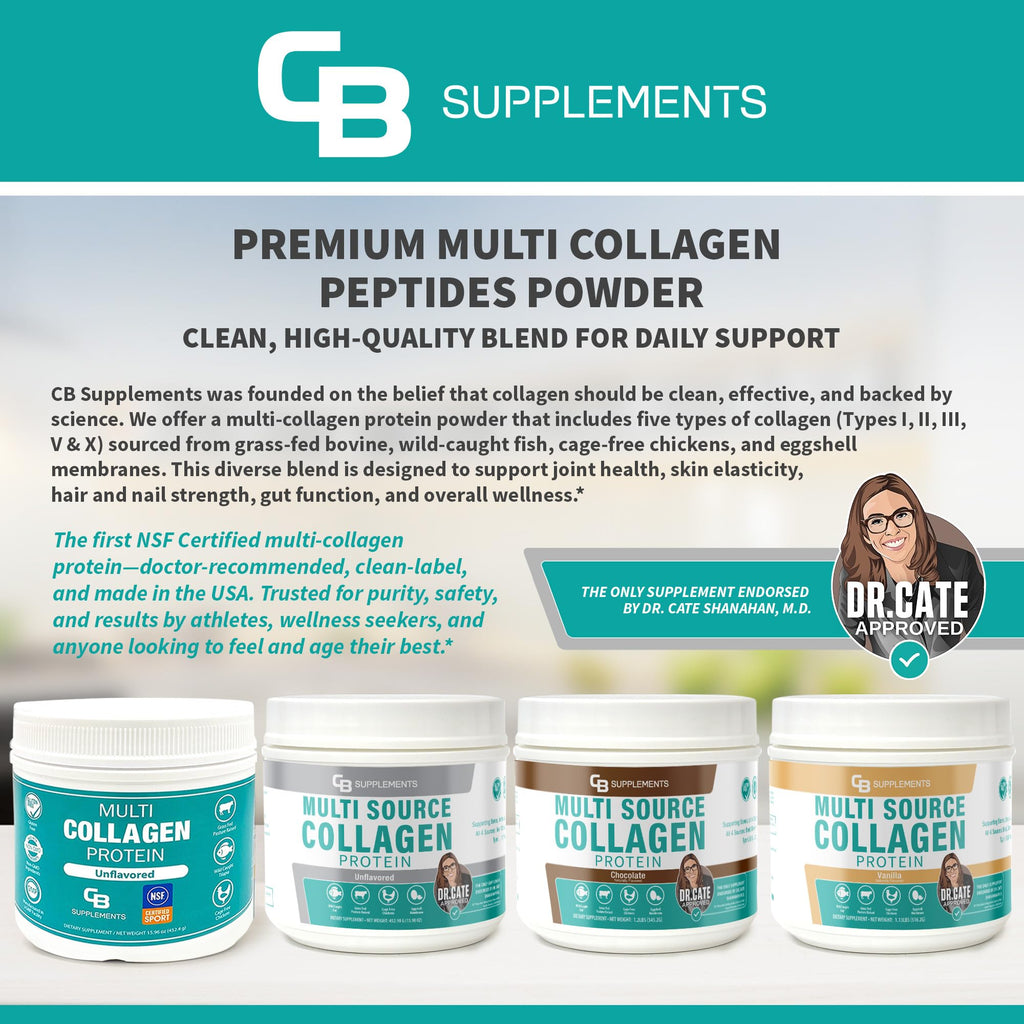 CB Supplements Multi Collagen Protein – Hydrolyzed Collagen for Joint, Skin, Gut, Hair & Nail Health – Unflavored Powder with Types I, II, III, V & X – Grass-Fed & Clean – 58 Servings