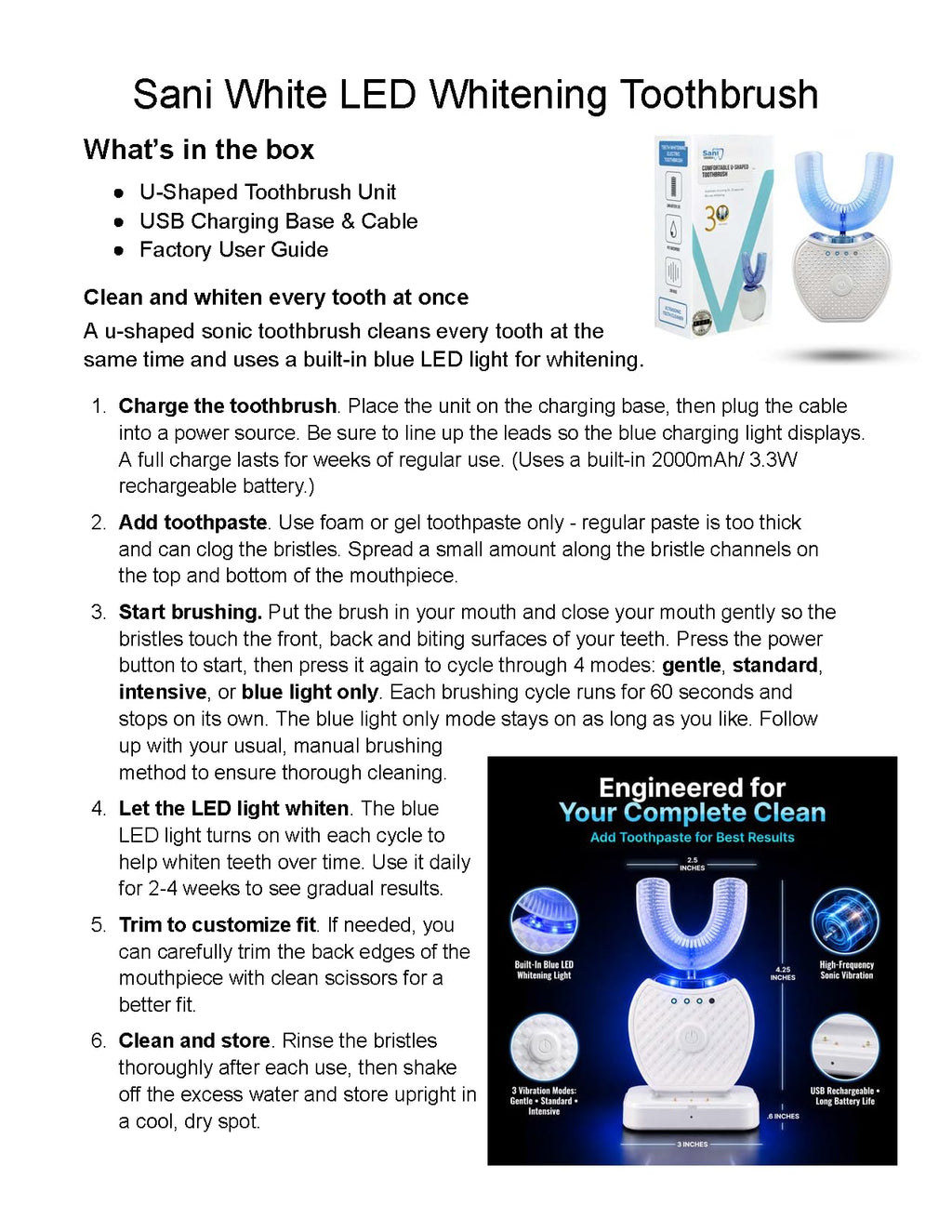 FREEZE2TRIM Sani White Ultrasonic Toothbrush, Ortho Sparkle Sonic Glow Brush, 360 Brite Adult U Shaped Toothbrush Ultrasonic Tooth Cleaner Teeth Whitening Light Electric Automatic Hands Free