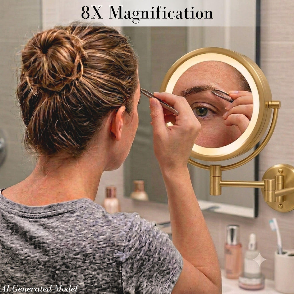 JERDON Wall-Mounted Vanity Mirror with Magnification - Direct Wire Lighted Makeup Mirror - 8X Magnification - Gold Finish, Model HL75BGD
