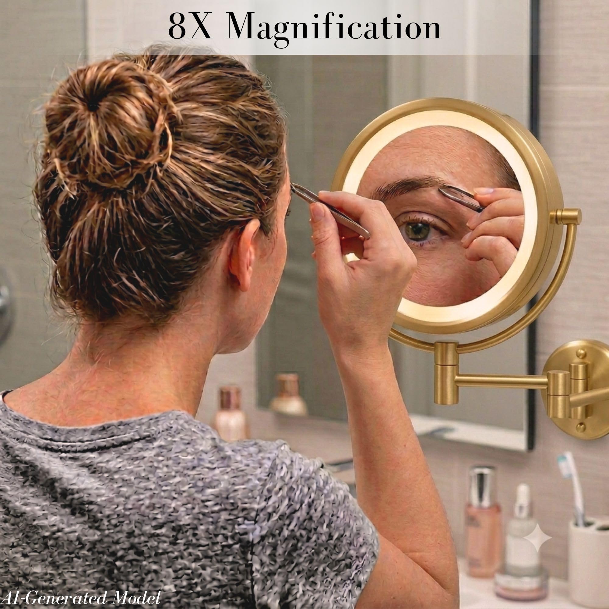 JERDON Wall-Mounted Vanity Mirror with Magnification - Direct Wire Lighted Makeup Mirror - 8X Magnification - Gold Finish, Model HL75BGD