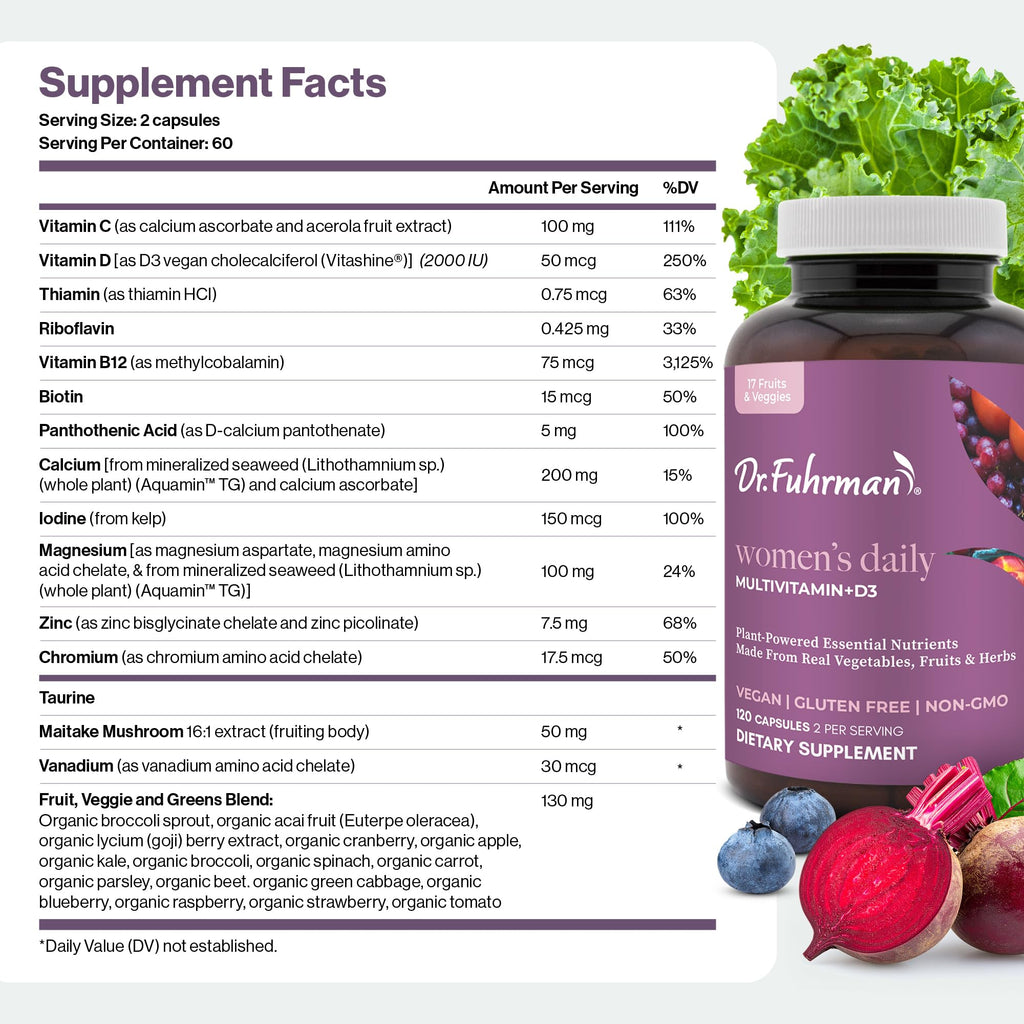 Dr. Fuhrman 2 Month Supply Multivitamin for Women + D3 Vitamin for Immune Support | Vegan Formula Womens Multivitamin with B12 & Zinc | Whole Food multivitamin with 17 Fruits & Veggies | Non GMO