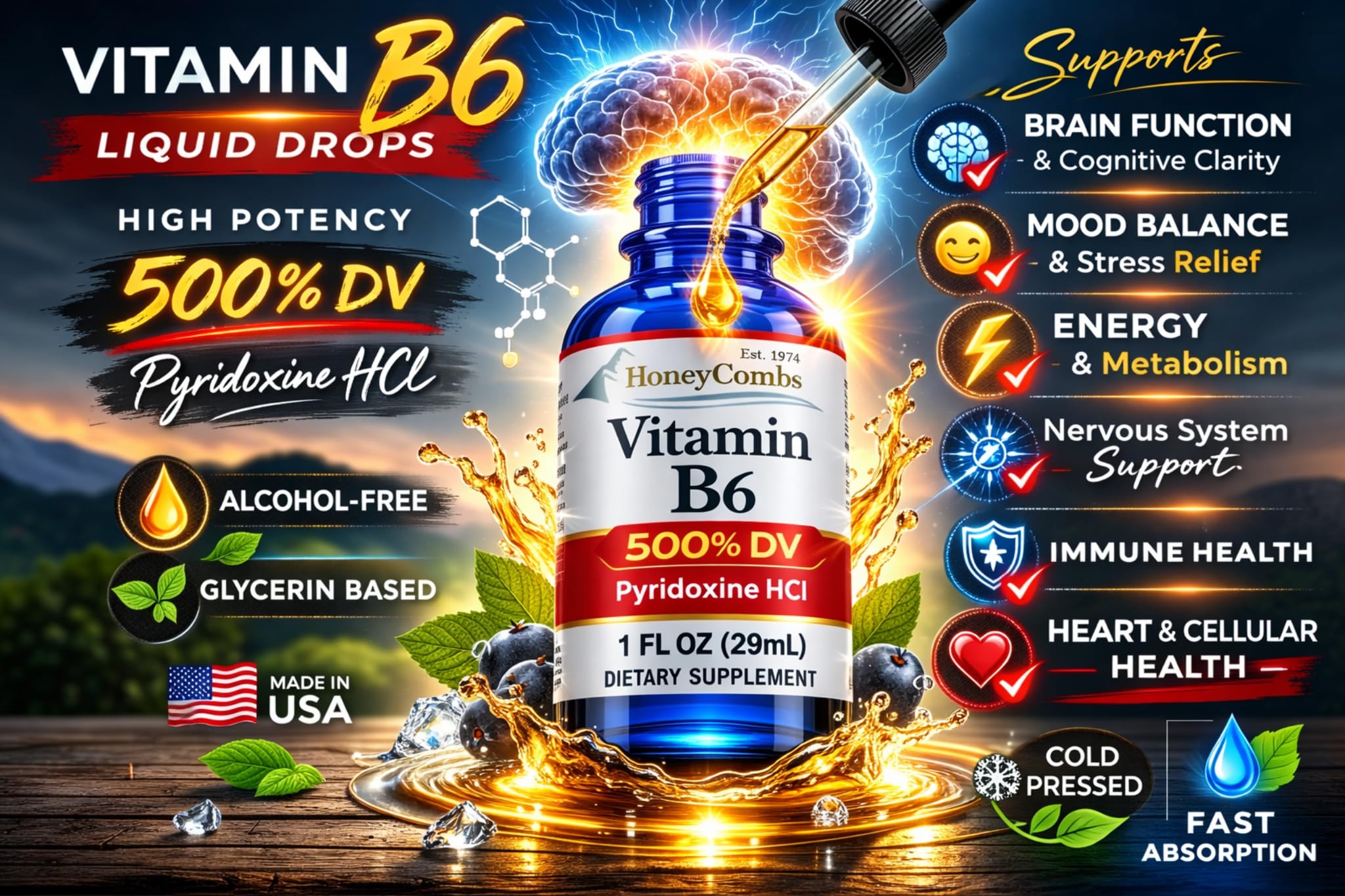 Vitamin B6 Liquid Drops, Pyridoxine HCl Supplement, 1oz