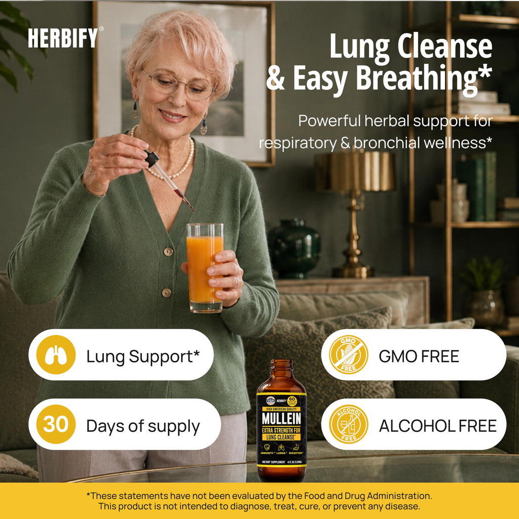 HERBIFY Mullein Drops - Lung Cleanse - Leaf Extract - Powerful Mullein for Immune Support,Detox & Respiratory Support - Made in USA - Lung Cleanse for Smokers - 4 Oz