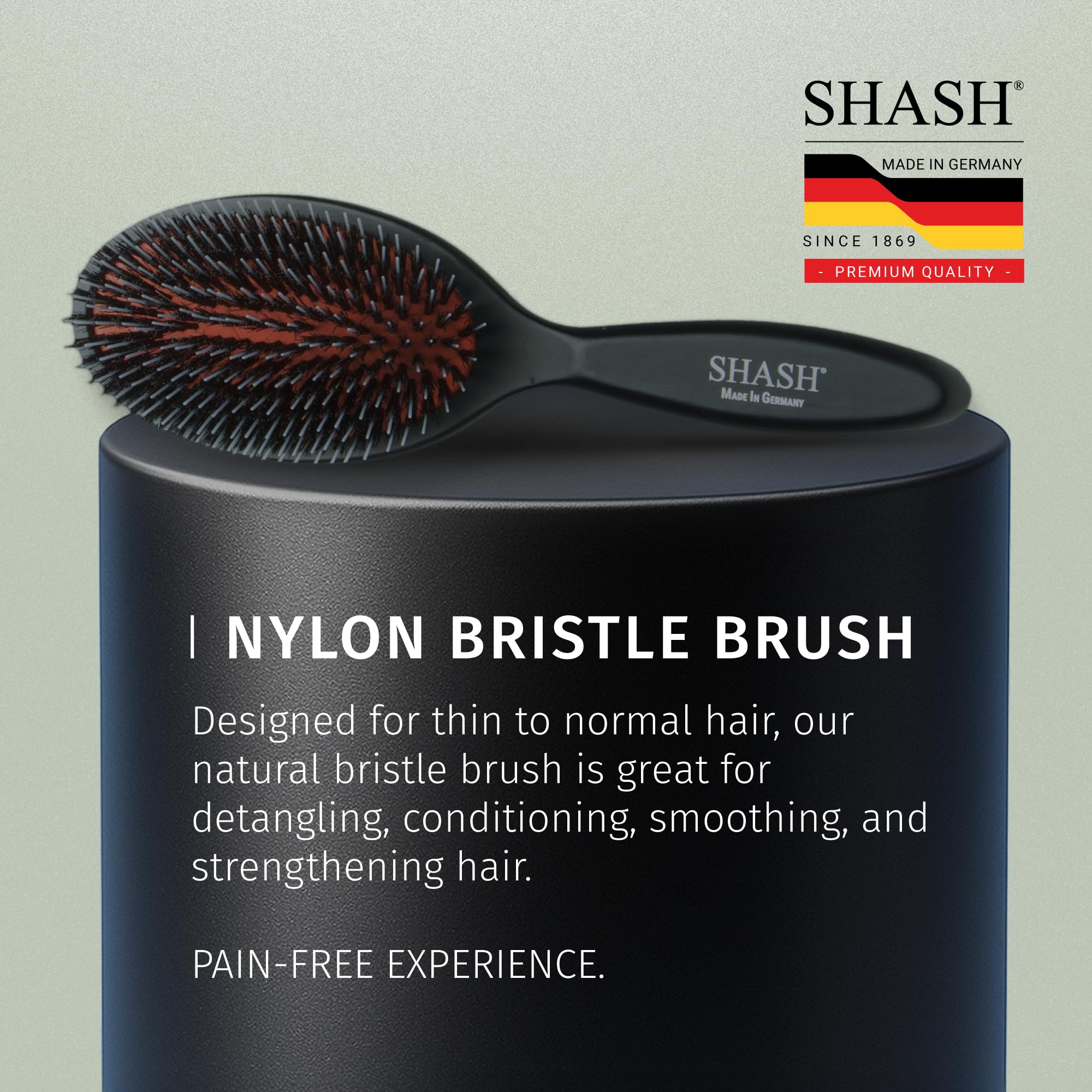 SHASH Since 1869 Hand Made In Germany - Nylon, 100% First Cut Boar Bristle Brush Suitable For Normal to Thick Hair - Gently Detangles, No Pulling or Split Ends - Softens Improves Texture, (Medium)