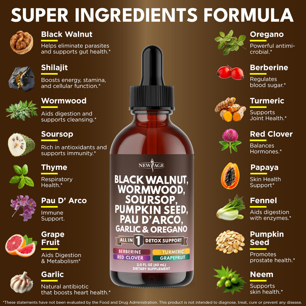 Black Walnut Wormwood Cleanse Drops - Liquid Soursop, Garlic, Pumpkin Seed, PAU D'Arco, Oil of Oregano, Turmeric, Berberine, Neem Extract, Hull Bark, Tincture - 8oz