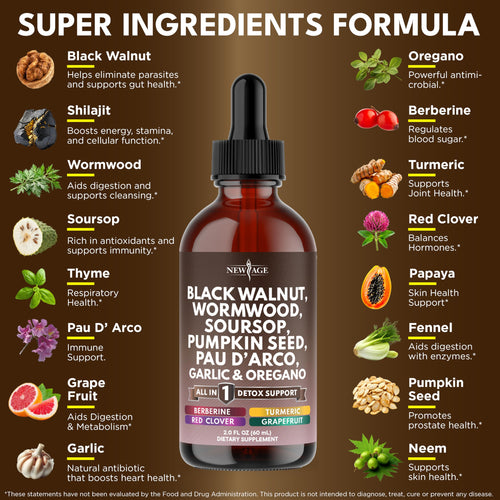 Black Walnut Wormwood Cleanse Drops - Liquid Soursop, Garlic, Pumpkin Seed, PAU D'Arco, Oil of Oregano, Turmeric, Berberine, Neem Extract, Hull Bark, Tincture - 8oz