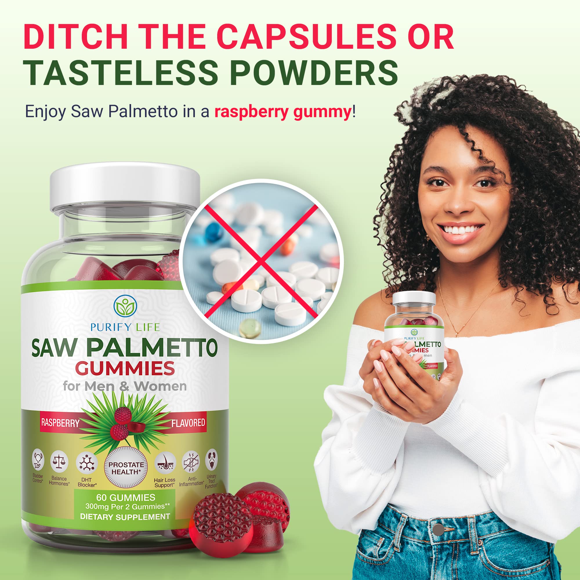 Purify Life Saw Palmetto Gummies for Men & Women - Saw Palmetto Extract Supplement for Hair Growth, Hormone Balance & Prostate Health - Vegan, Pectin Formula, Non-GMO, Gluten Free - 60ct