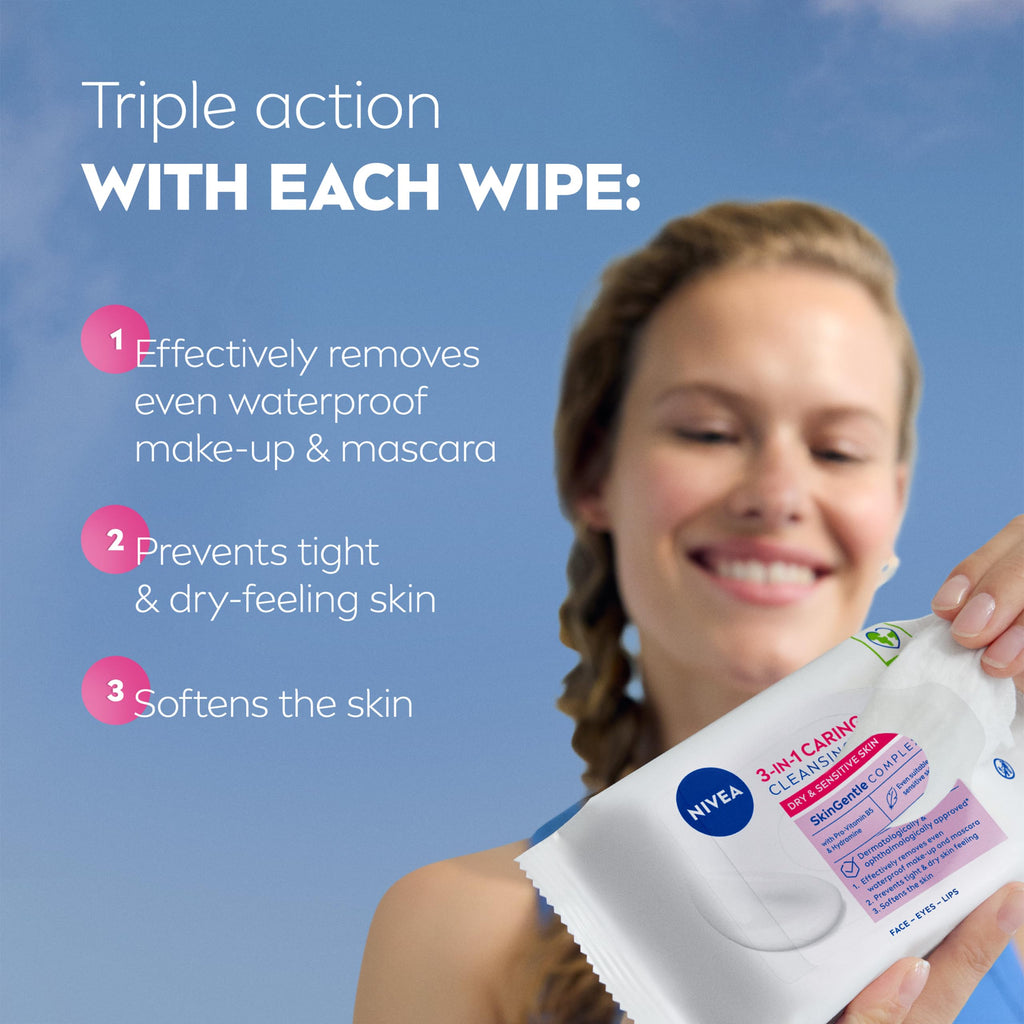 NIVEA 3in1 Caring Cleansing Wipes Dry Skin (40 Wipes), Plant-Based Makeup Remover Sheets, Face Wipes for Dry Skin, Gentle yet Effective Makeup Removal