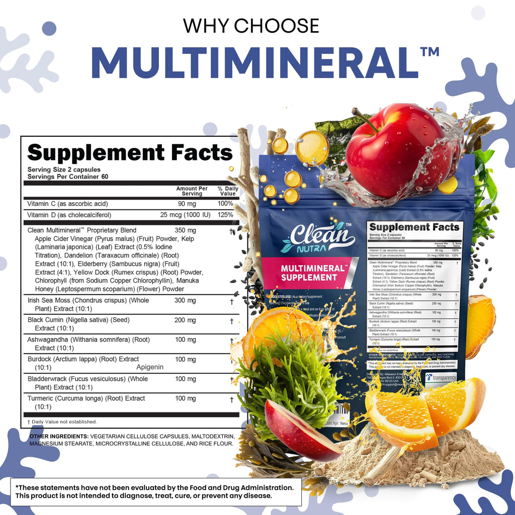 Clean Nutraceuticals Sea Moss Black Seed Oil Ashwagandha Turmeric Bladderwrack Burdock & Vitamin C Vitamin D3 with Elderberry Manuka Dandelion (120 Count (Pack of 1))