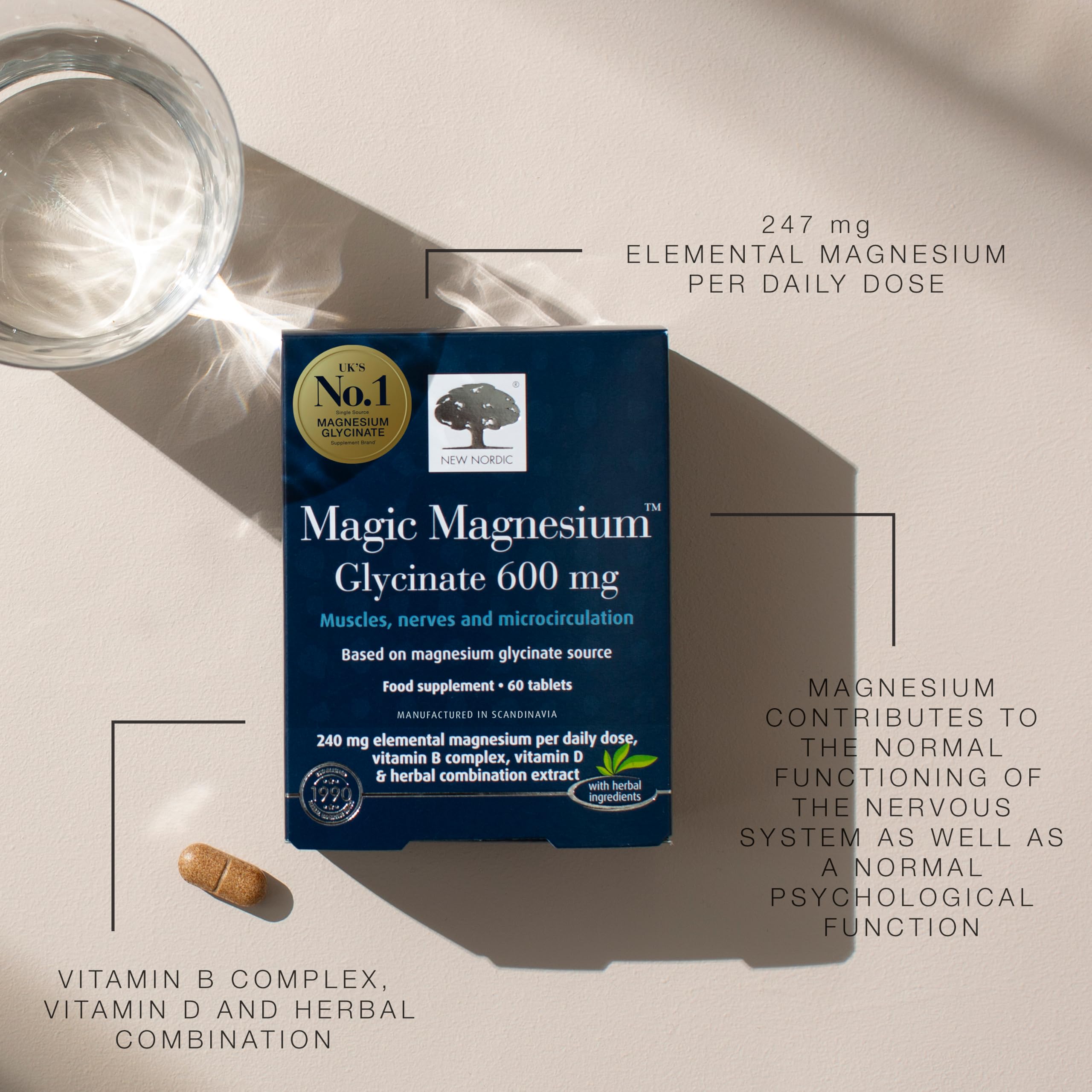 New Nordic Magnesium Glycinate 600mg Sleep Nerve & Electrolyte Balance 60ct