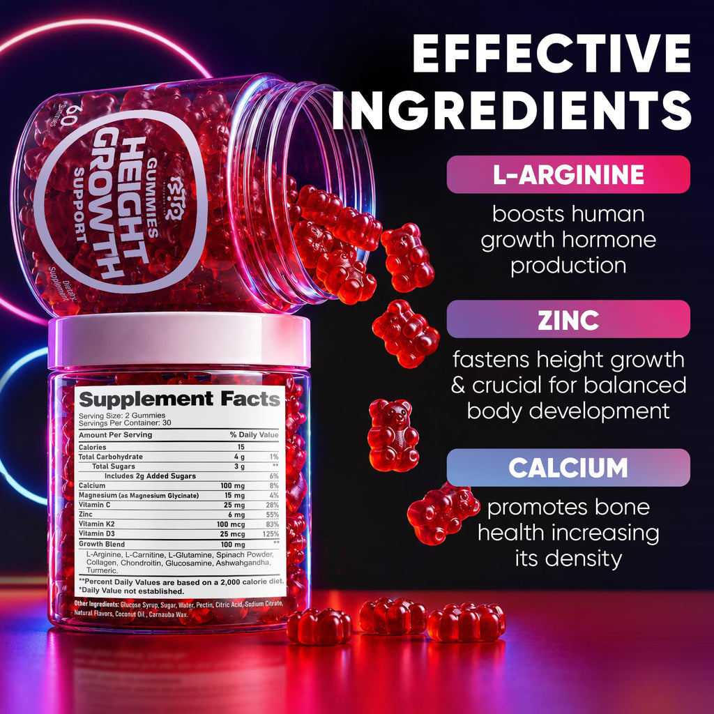 BIOTEQUELAB Height Growth Increase Gummies Vitamins, Grow Tall Supplement, Calcium, Magnesium, Zinc, Ashwagandha, Glucosamine Multivitamin for Teens, Kids, Adults