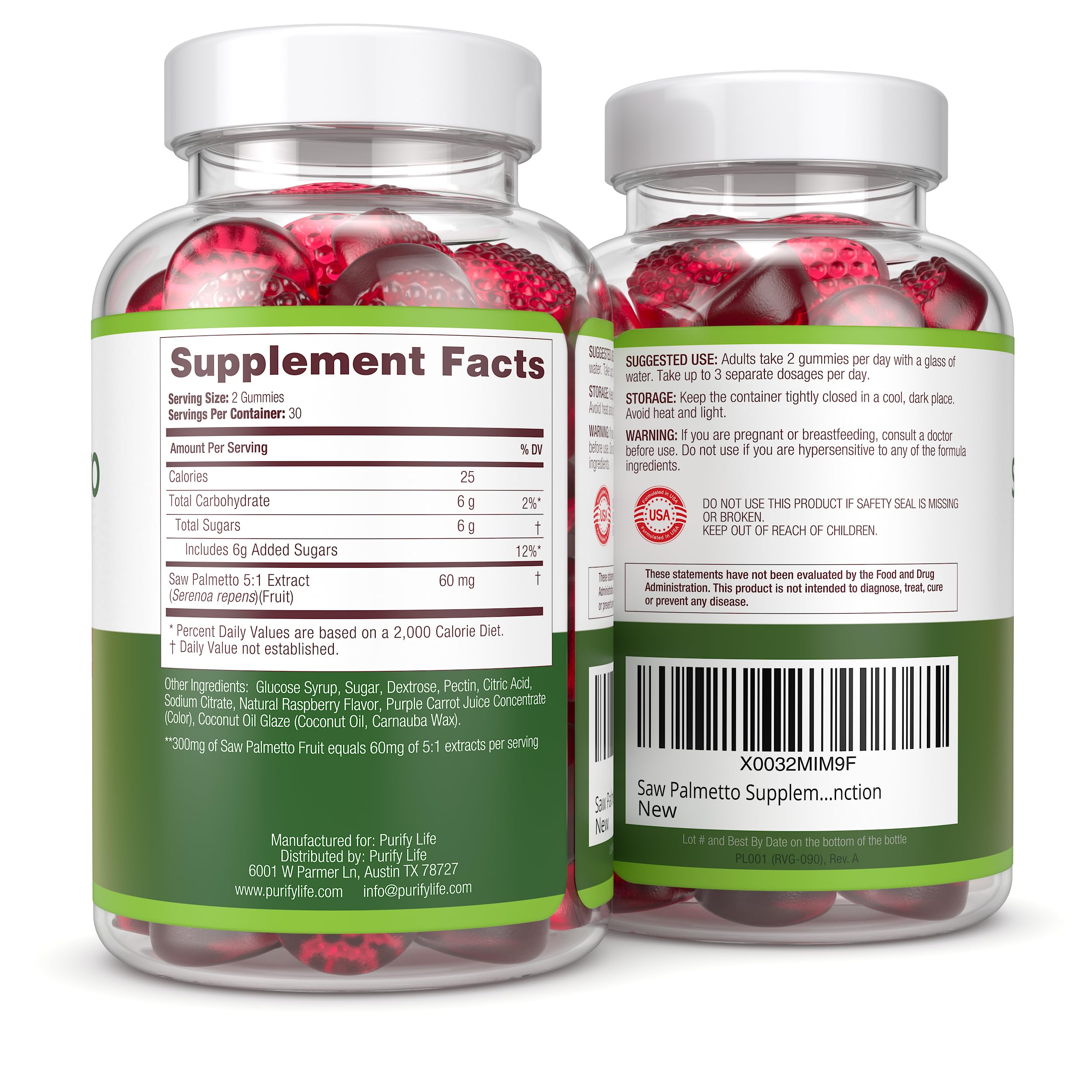 Purify Life Saw Palmetto Gummies for Men & Women - Saw Palmetto Extract Supplement for Hair Growth, Hormone Balance & Prostate Health - Vegan, Pectin Formula, Non-GMO, Gluten Free - 60ct
