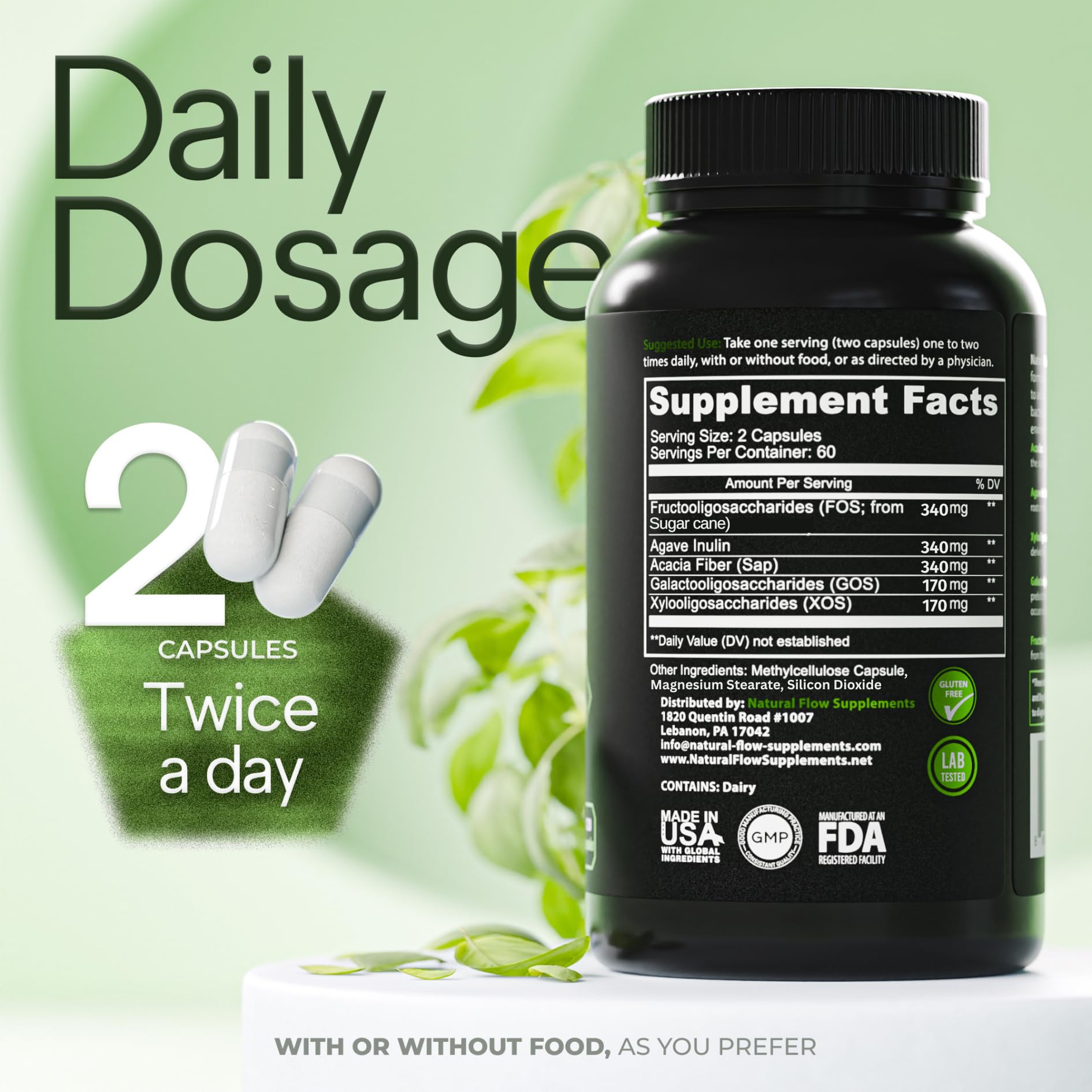 Prebiotic Fiber Supplement 5-in-1 Capsules - Natural Flow 5X Fiber XOS, GOS, FOS, Acacia and Agave Inulin, Daily Soluble Fiber Formula for Gut Support and Boost Good Bacteria Diversity, 120 Caps