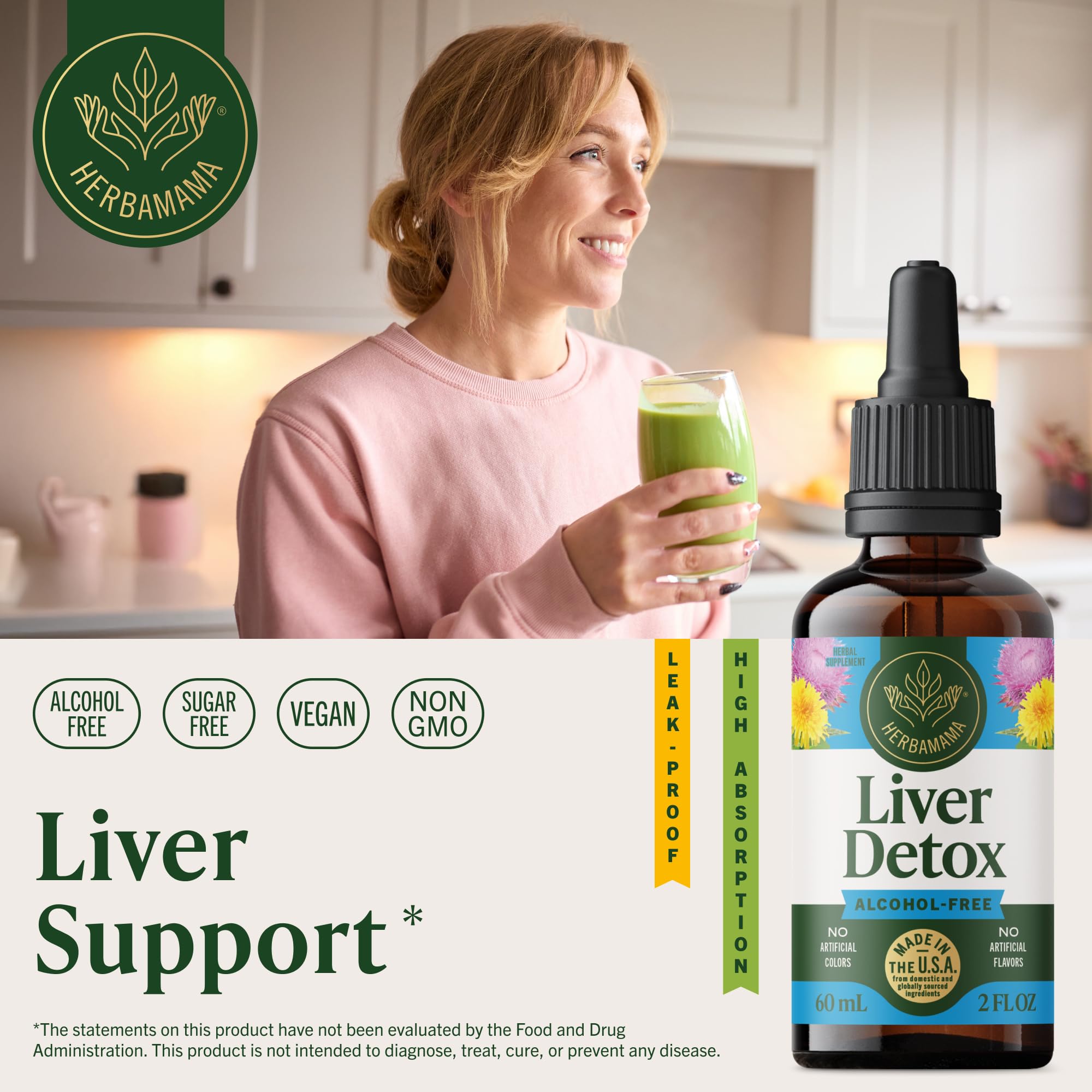 HERBAMAMA Liver Cleanse Detox & Repair - Liver Support Supplement - Liquid Drops with Milk Thistle, Dandelion Root & Chanca Piedra - Alcohol & Sugar-Free Liquid Cleanse Supplement, 42-Day Supply