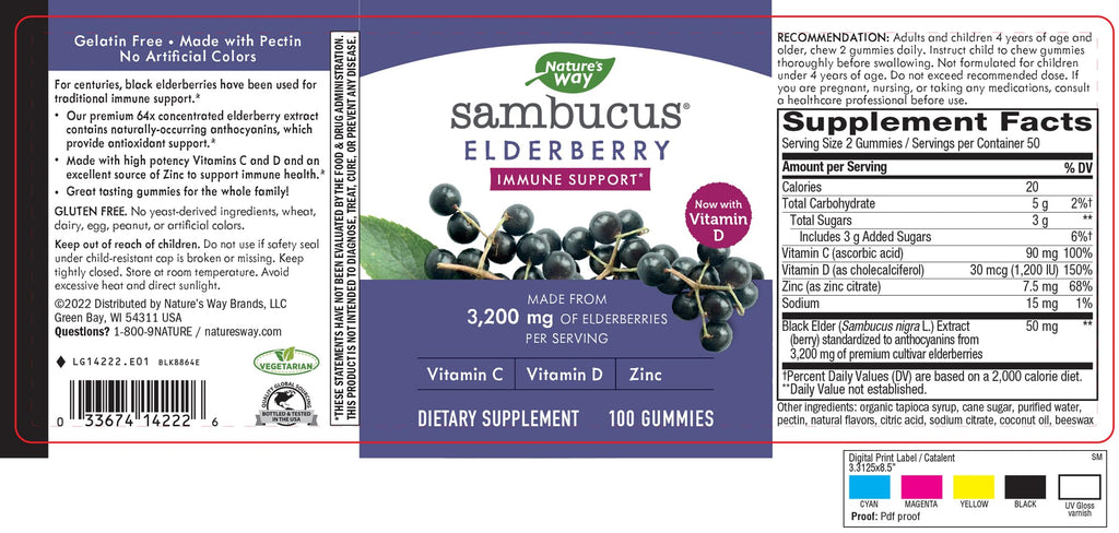 Nature's Way Sambucus Elderberry Gummies - Immune Support Supplement for Kids & Adults* - With Vitamins C, D3, Zinc & Antioxidant Support* - Gluten Free & Vegetarian - 100 Gummies