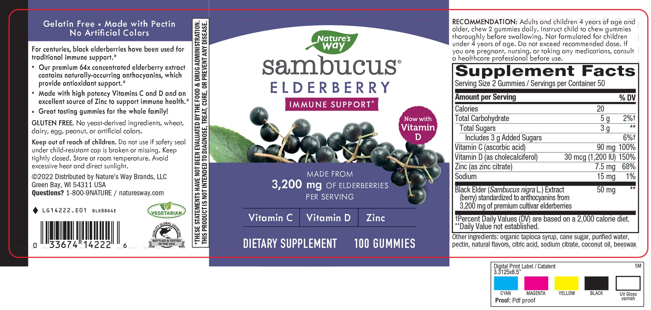 Nature's Way Sambucus Elderberry Gummies - Immune Support Supplement for Kids & Adults* - With Vitamins C, D3, Zinc & Antioxidant Support* - Gluten Free & Vegetarian - 100 Gummies