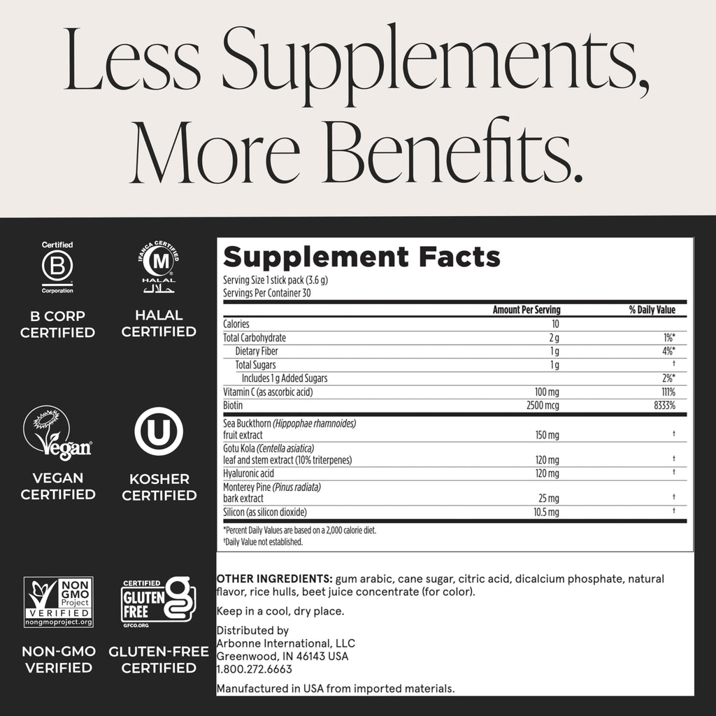 Arbonne SkinElixir Collagen Powder Builder - Açaí-Flavored Vegan Supplement for Women with Hyaluronic Acid, Vitamin C, Biotin & Antioxidants - Supports Healthy Skin, Hair & Nails - 30 Stick Packs