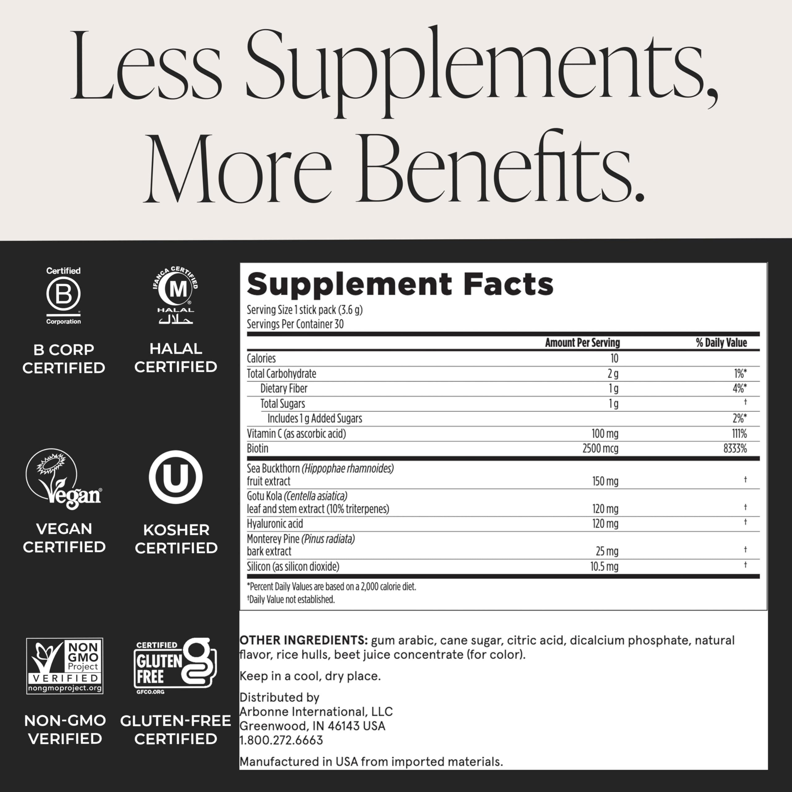 Arbonne SkinElixir Collagen Powder Builder - Açaí-Flavored Vegan Supplement for Women with Hyaluronic Acid, Vitamin C, Biotin & Antioxidants - Supports Healthy Skin, Hair & Nails - 30 Stick Packs