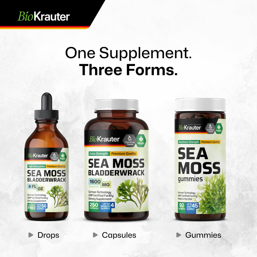 BIO KRAUTER® 2-in-1 Sea Moss for Overall Support - Vegan Bladderwrack & Sea Moss Capsules for Women & Men - Natural Сhondrus Сrispus Seaweed Supplement 1600 mg - 125 Days of Supply, Non-GMO