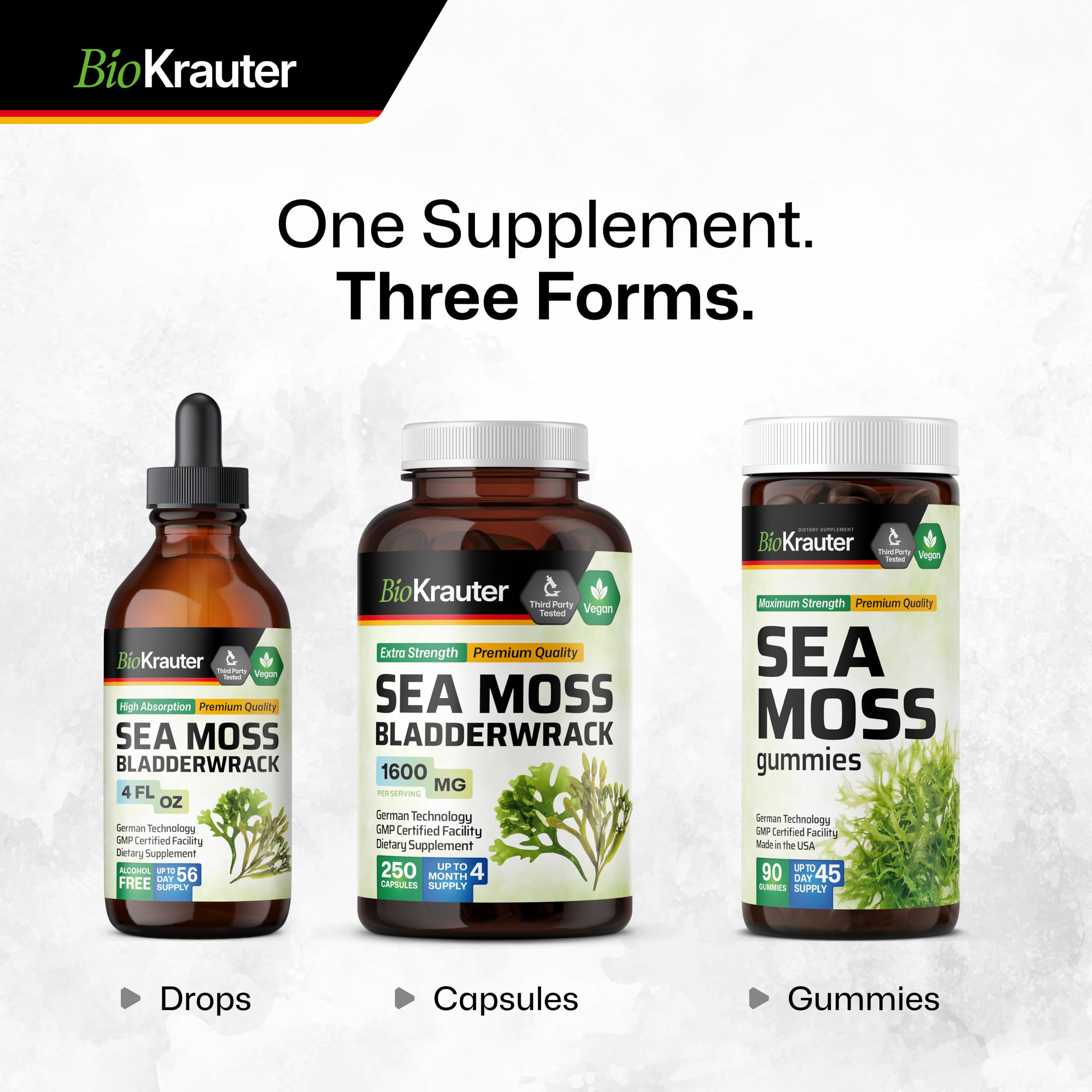 BIO KRAUTER® 2-in-1 Sea Moss for Overall Support - Vegan Bladderwrack & Sea Moss Capsules for Women & Men - Natural Сhondrus Сrispus Seaweed Supplement 1600 mg - 125 Days of Supply, Non-GMO
