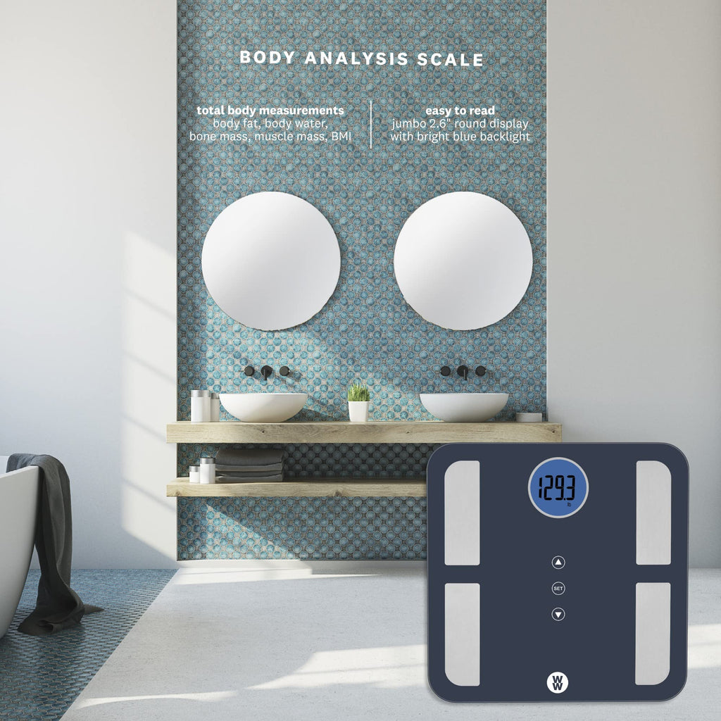 Weight Watchers Scales by Conair BathroomScale for BodyWeight,Glass Digital Scale,Body Analysis Measures Body Fat,Body Water,BMI,Bone Mass&Muscle for 4Users,Measures Weight up to 400Lbs in Black&Blue