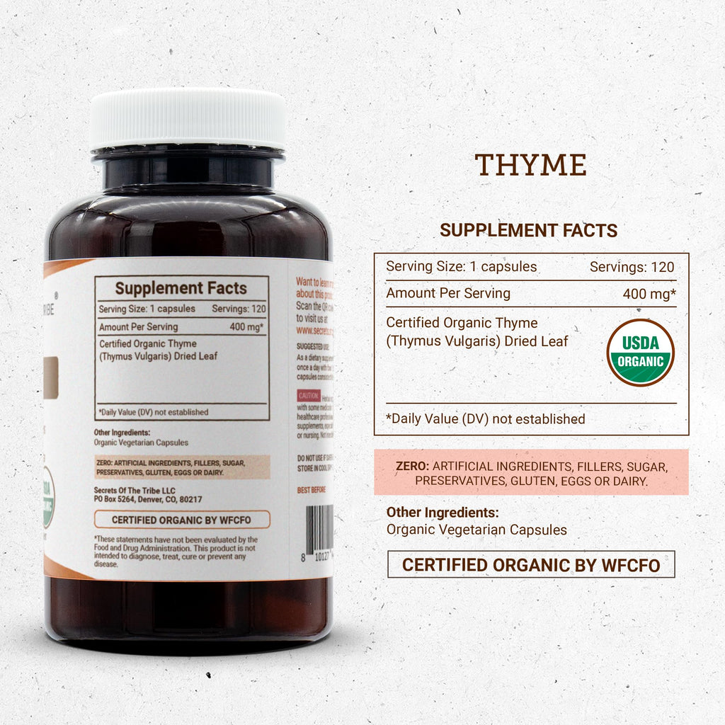 Secrets of the Tribe Thyme 120 Capsules, 400 mg, USDA Organic Thyme (Thymus Vulgaris) Dried Leaf (120 Capsules)