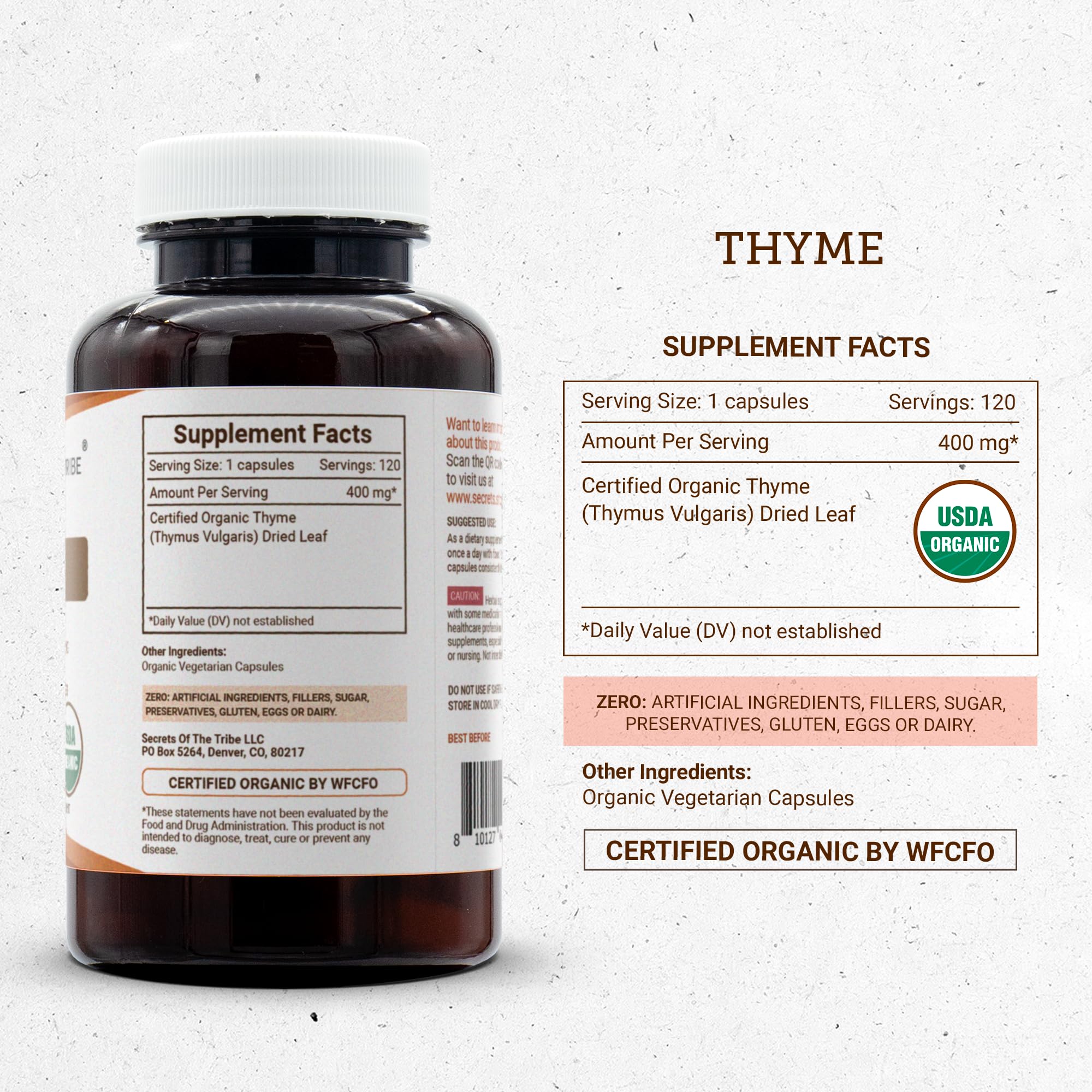 Secrets of the Tribe Thyme 120 Capsules, 400 mg, USDA Organic Thyme (Thymus Vulgaris) Dried Leaf (120 Capsules)