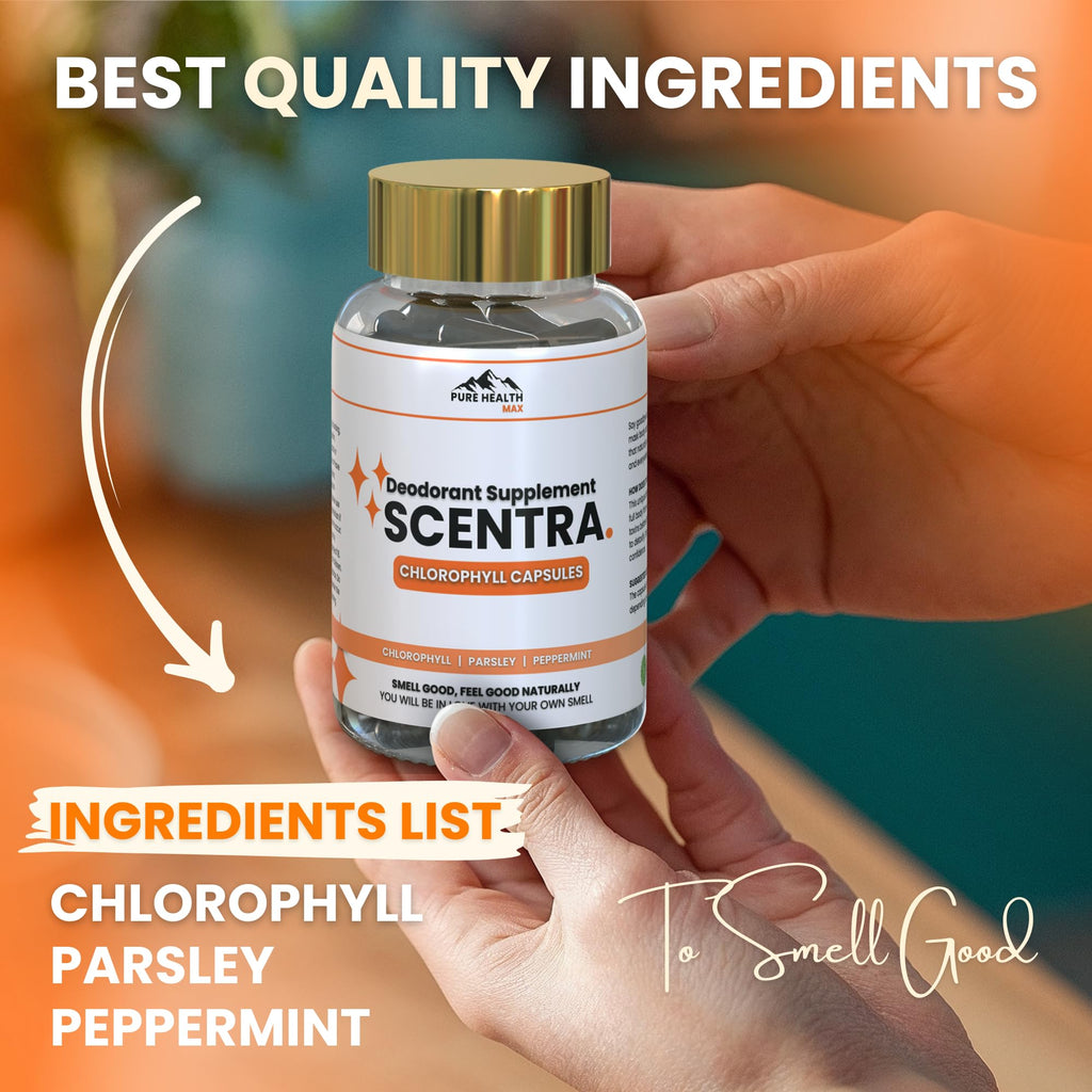 Scentra Deodorizing Supplement | Chlorophyll Capsules for Women and Men, Full Body Deodorant Pills | Natural Internal Odor Defeat Supplements, 60 Tablets for Breath, Underarm, Skin with Mint & Parsley