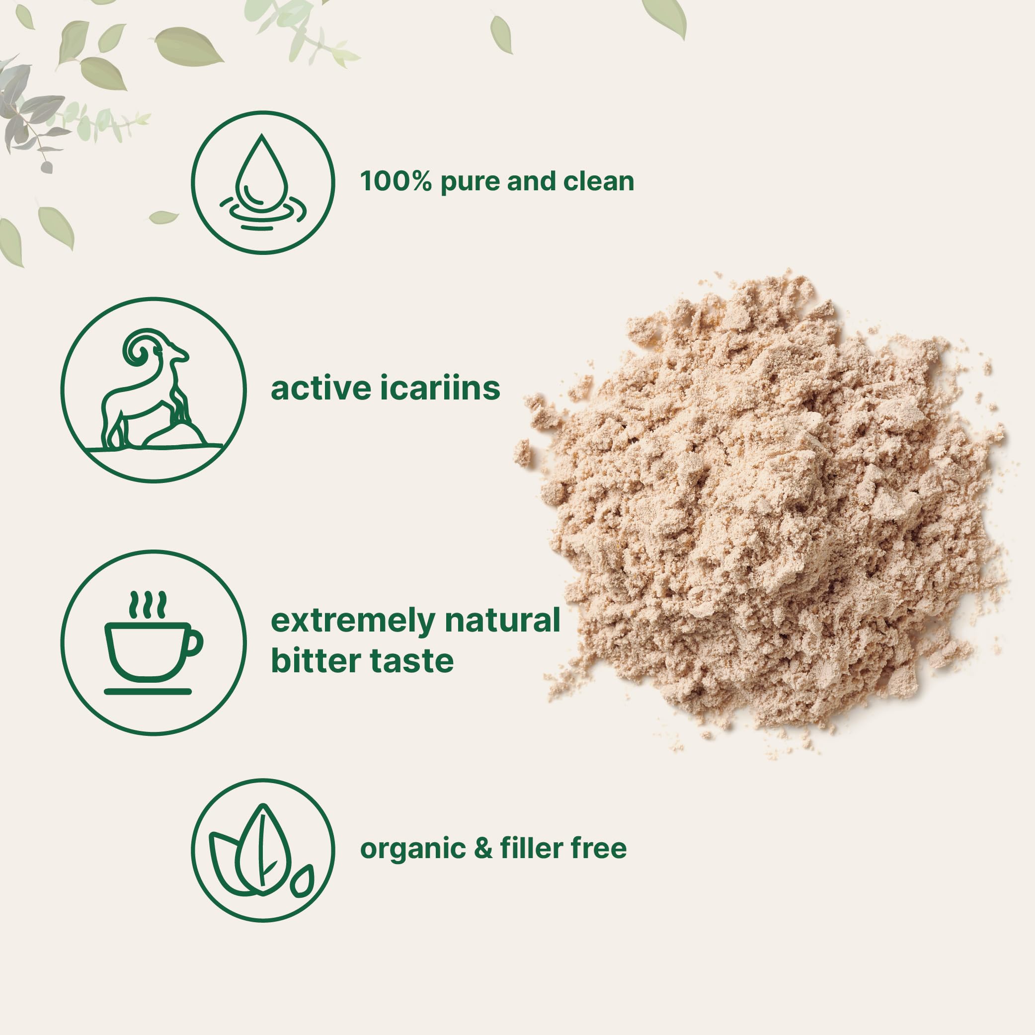 Maximum Strength Organic Pure Horny Goat Weed with Active Icariins for Men and Women, 100 Grams, Organic Epimedium Powder for Energy and Immune System Booster, Filler Free and Vegan Friendly
