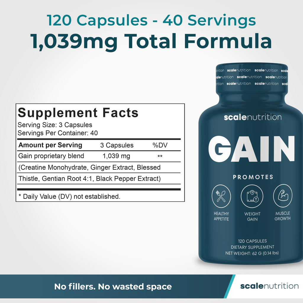 Gain Appetite Booster Capsules for Adults, Weight Gainer Support for Men and Women, Creatine Enhanced Weight Gain Pills with Ginger Extract, Blessed Thistle and Gentian Root - 120 Capsules