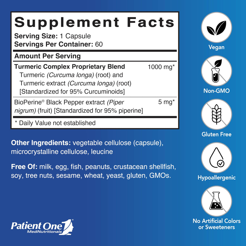 Patient One Turmeric Curcumin 1000 mg | Supplement to Support Healthy Inflammatory Response and More* | with Black Pepper Extract | 60 Capsules
