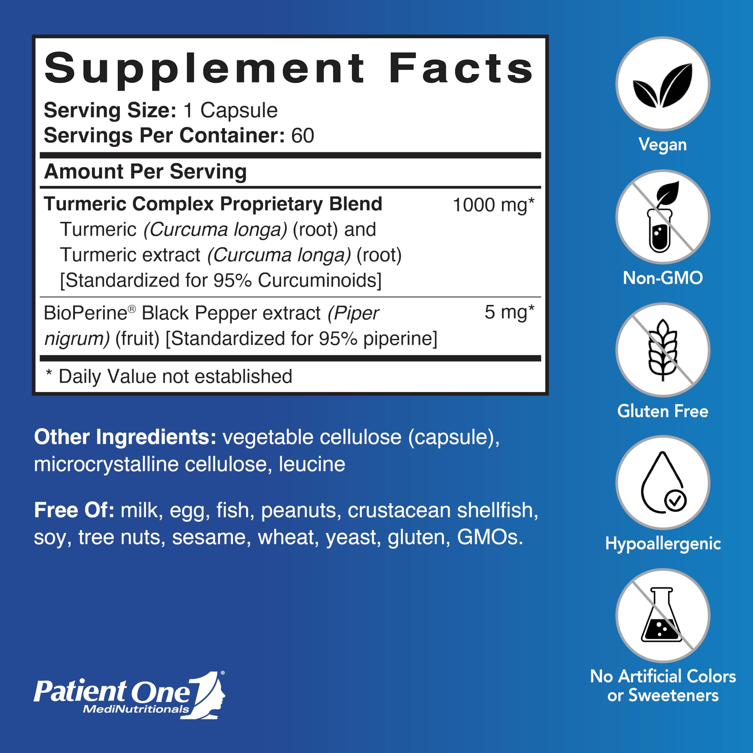 Patient One Turmeric Curcumin 1000 mg | Supplement to Support Healthy Inflammatory Response and More* | with Black Pepper Extract | 60 Capsules