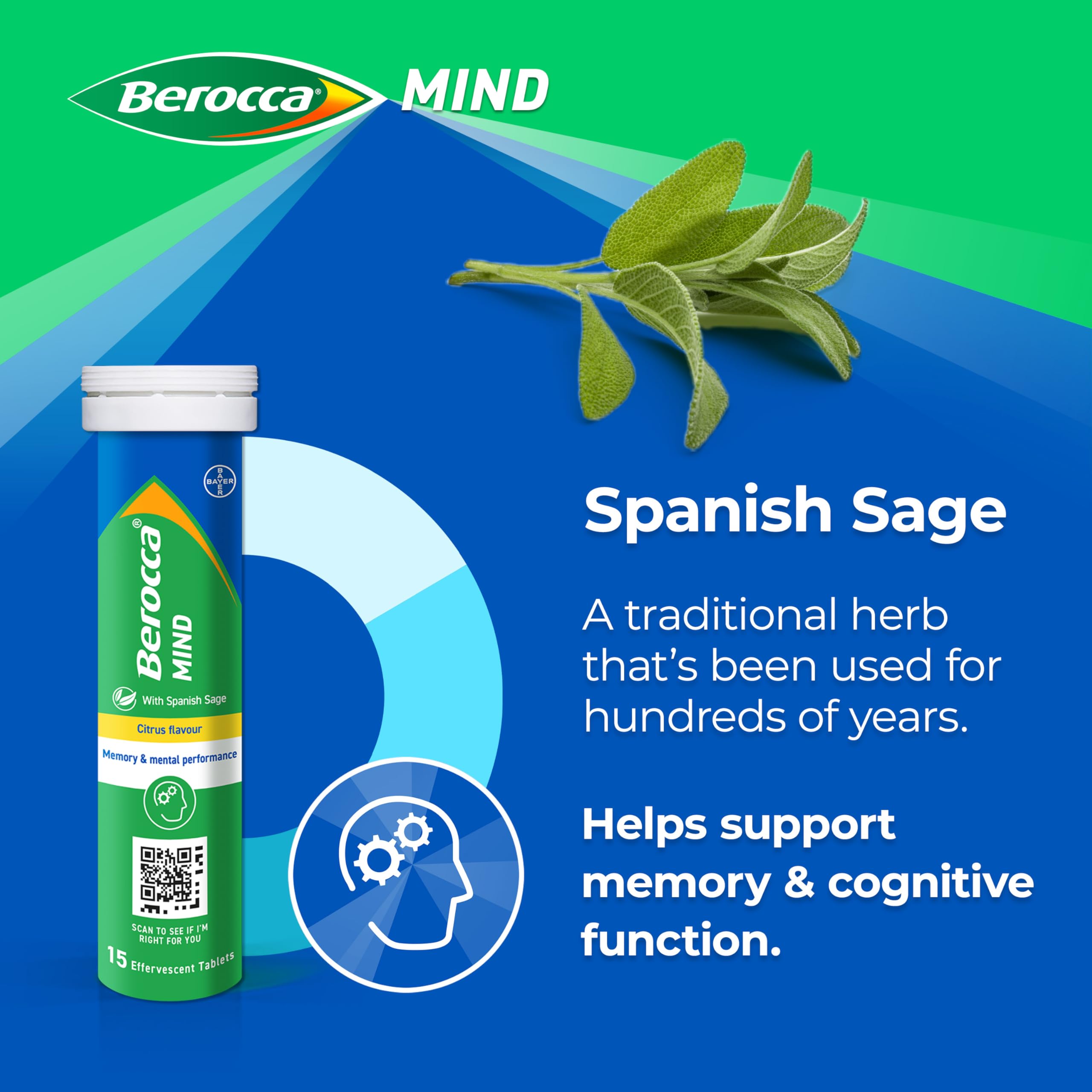 Berocca Mind Effervescent Tablets Including B Vitamins, with Spanish Sage to Support Memory and Mental Performance - 15 Tablets - Citrus Flavour
