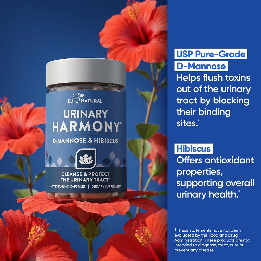 Eu Natural Urinary Harmony D-Mannose Supplement - Urinary Tract Health for Women - Fast-Acting Urinary Cleanse & Flush with Clinical-Strength D-Mannose & Hibiscus - 60 Capsules