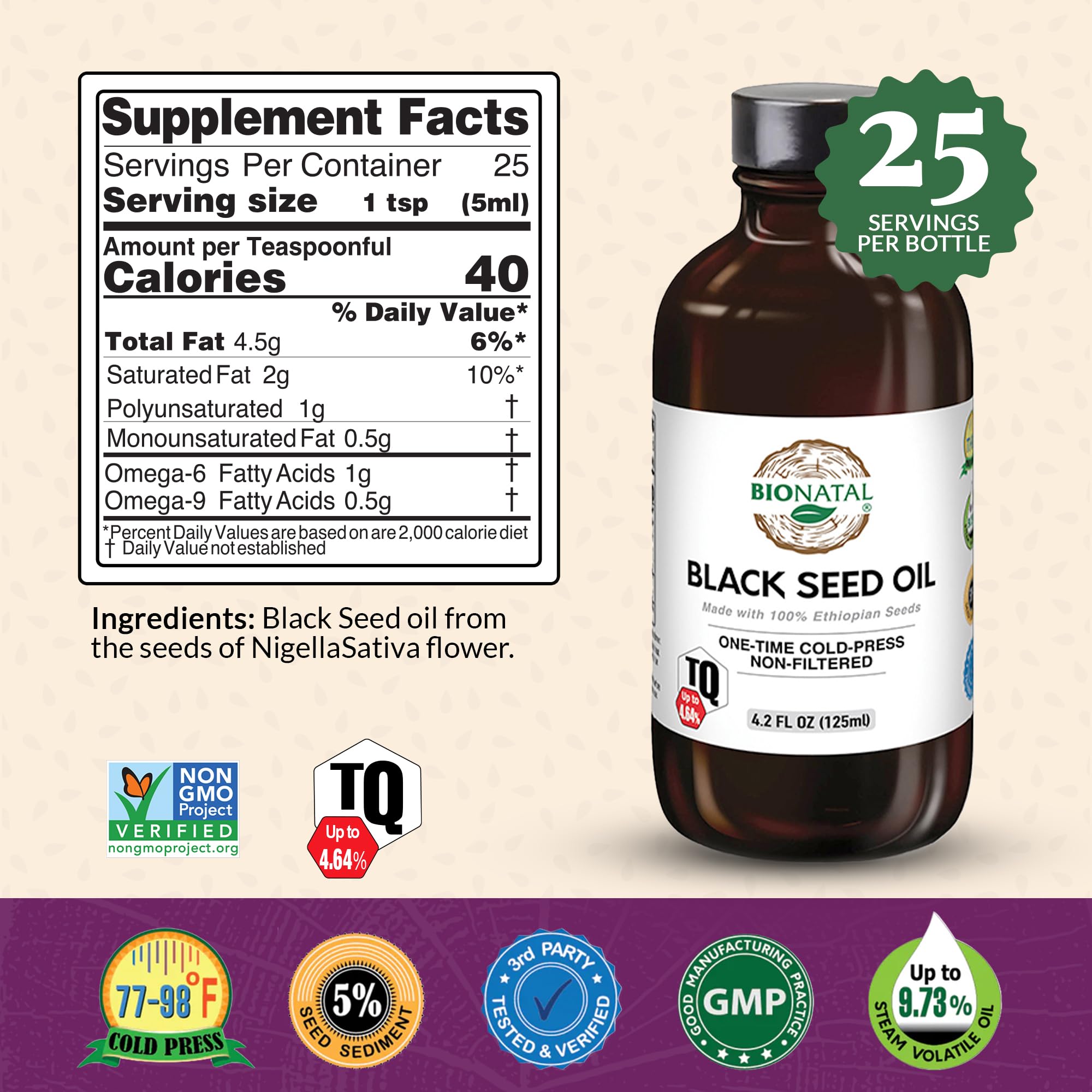 BioNatal Ethiopian Black Seed Oil 4.2oz Glass– Cold Pressed Nigella Sativa Producing Black Cumin Seed Oil, Unrefined & Non-Filtered, High TQ Up to 4.64% – Supports Immune System, Digestion & Joints