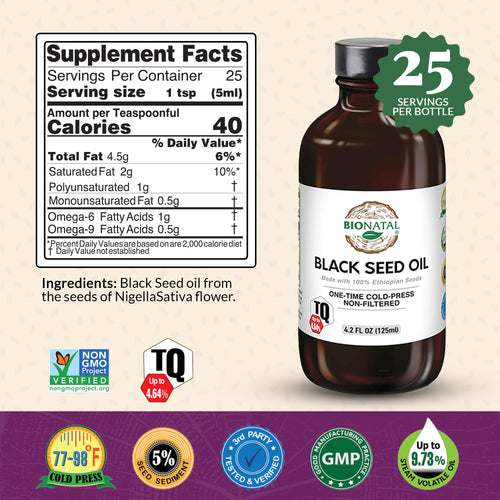 BioNatal Ethiopian Black Seed Oil 4.2oz Glass– Cold Pressed Nigella Sativa Producing Black Cumin Seed Oil, Unrefined & Non-Filtered, High TQ Up to 4.64% – Supports Immune System, Digestion & Joints