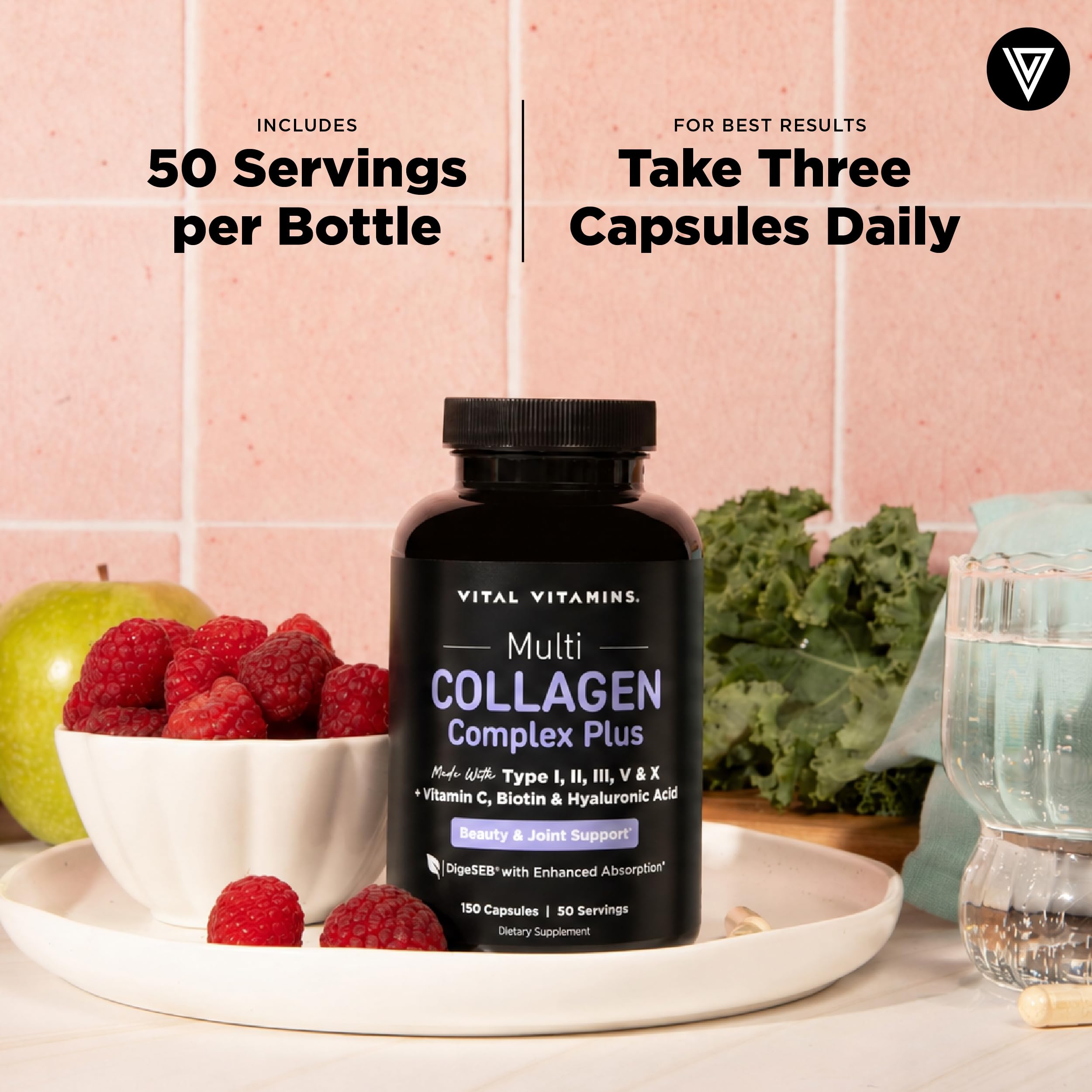 Vital Vitamins Multi Collagen Complex Plus - with Biotin, Hyaluronic Acid, Vitamin C - Type I, II, III, V, X - for Women & Men - Hair, Skin, Nails Beauty Complex - 150 Capsules
