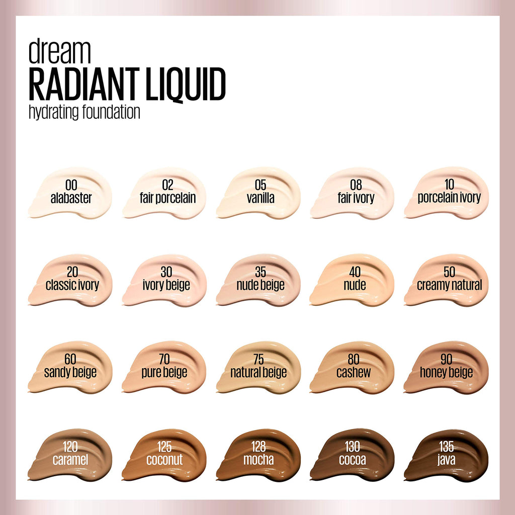 Maybelline Dream Radiant Liquid Medium Coverage Hydrating Makeup, Lightweight Liquid Foundation, Porcelain Ivory, 1 Count