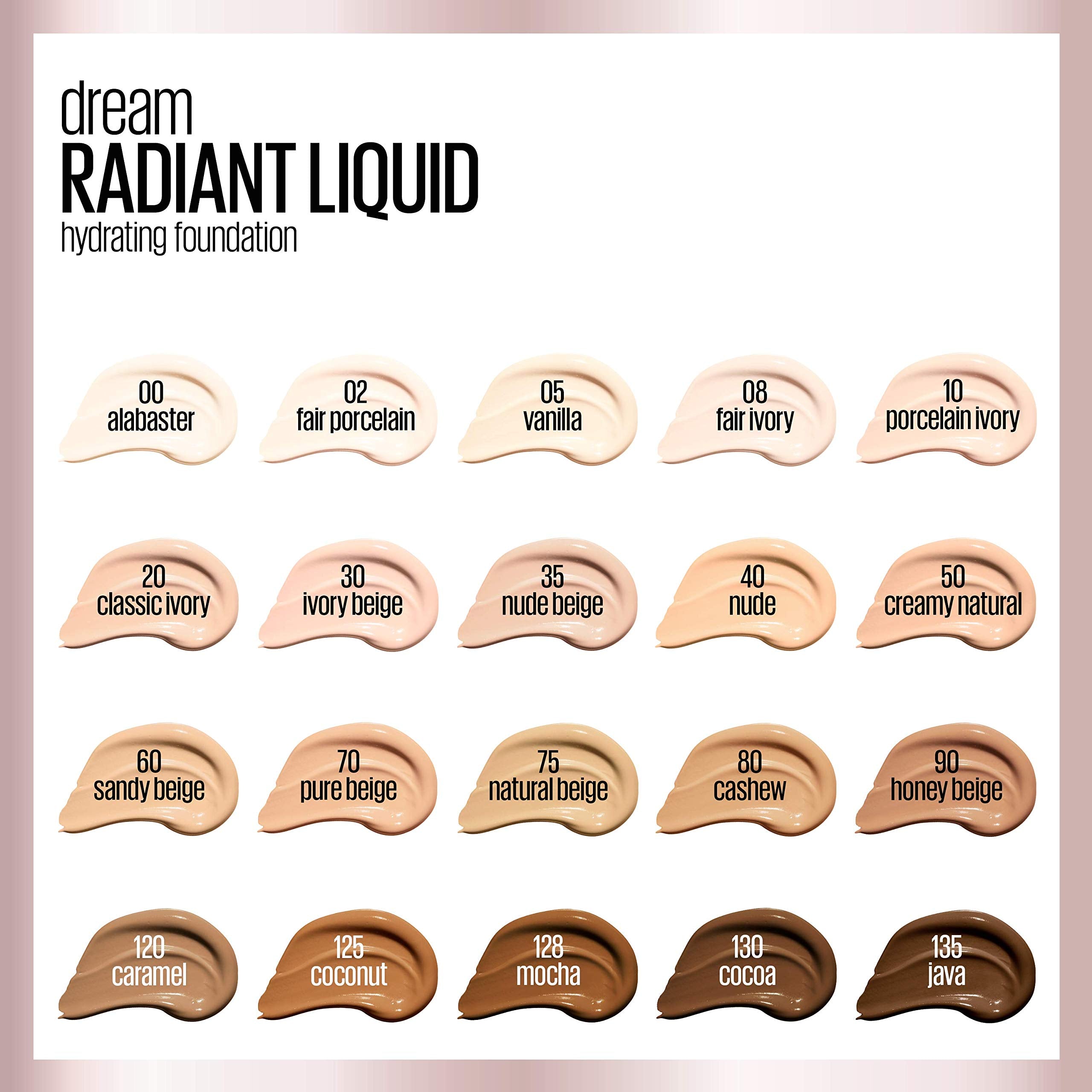 Maybelline Dream Radiant Liquid Medium Coverage Hydrating Makeup, Lightweight Liquid Foundation, Porcelain Ivory, 1 Count