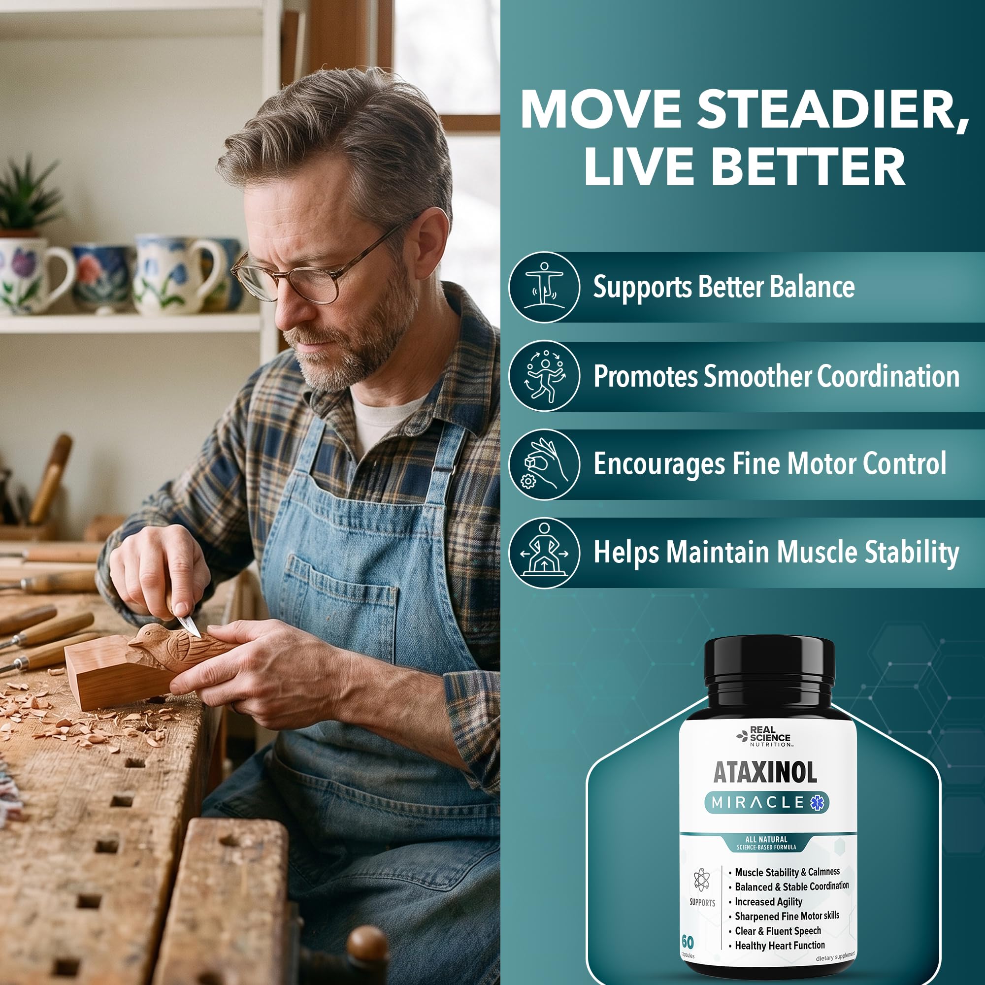 Real Science Ataxinol - Muscle Relaxer & Nerve Support Supplement for Coordination & Muscle Stability - with Vinitrox & GABA for Circulation Support & Nitric Oxide Production, Made in USA, 60 Caps