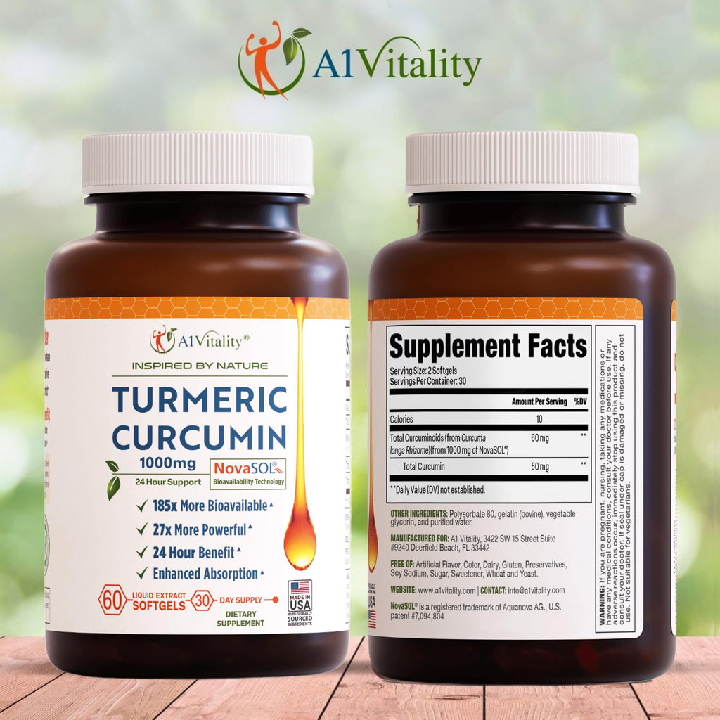 A1Vitality NovaSOL Turmeric Curcumin 1000mg – Clinically Proven 185x Higher Absorption – Promotes Joint Comfort, Mobility & Overall Wellness – Non-GMO, Doctor Formulated, 60 Softgels.